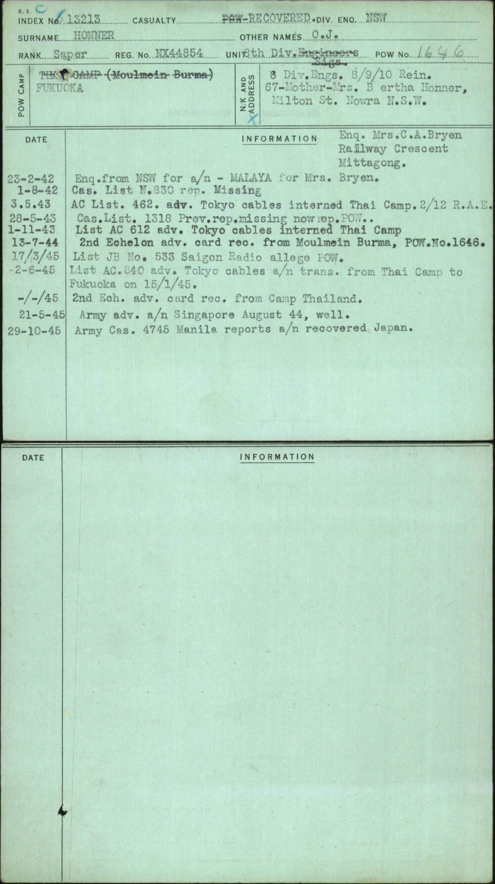 Honner, O J, NX44854