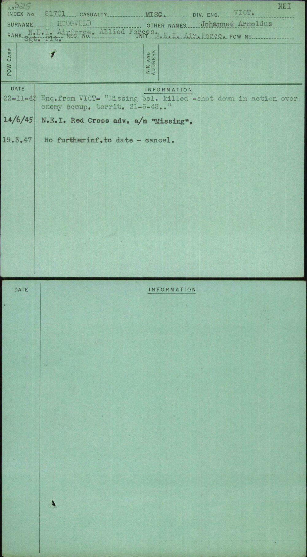 Hoogveld, Johannes Arnoldus, [No Service Number]