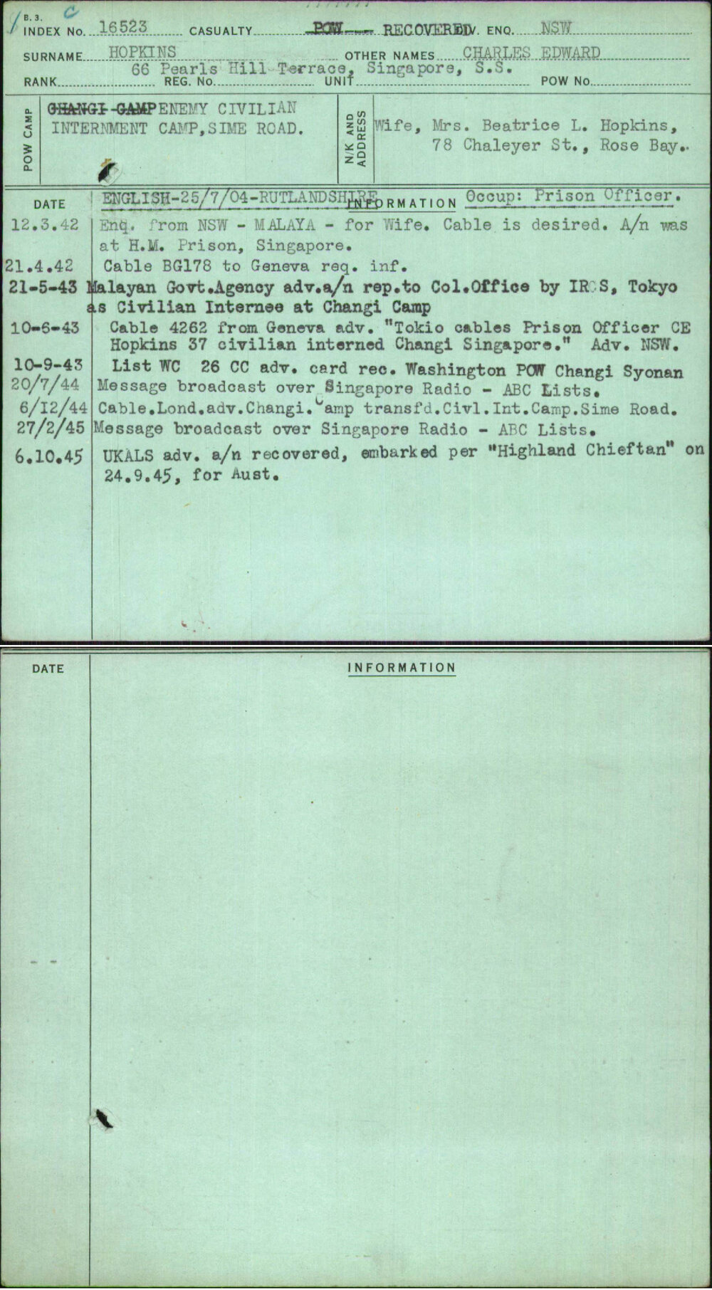 Hopkins, Charles Edward, [No Service Number]