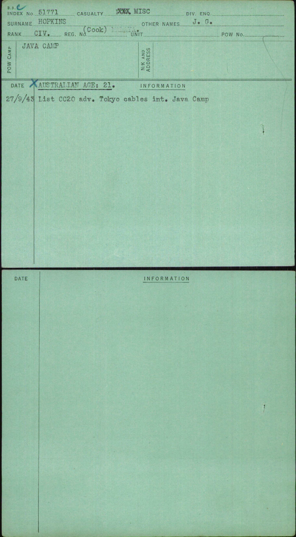 Hopkins, J G, [No Service Number]