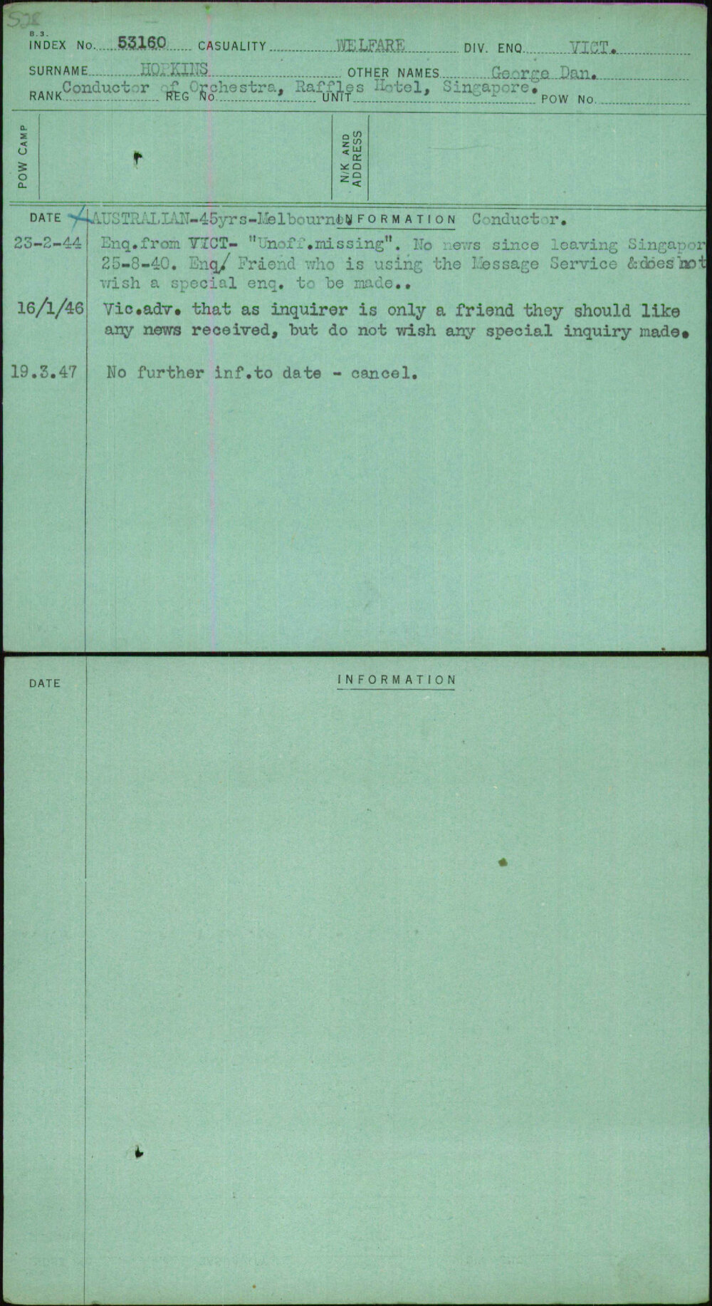 Hopkins, George Dan, [No Service Number]