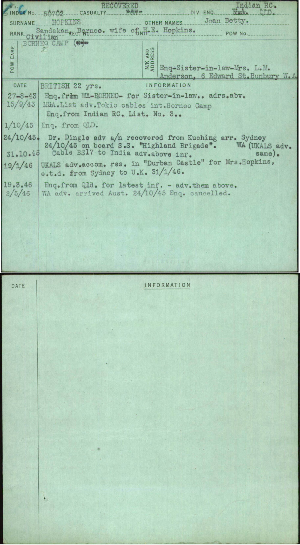 Hopkins, Joan Betty, [No Service Number]
