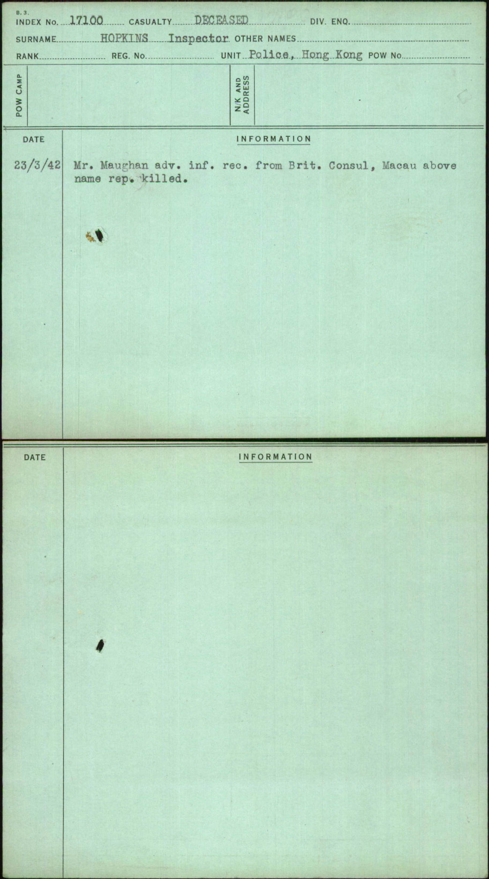 Hopkins Inspector, [No Given Name], [No Service Number]