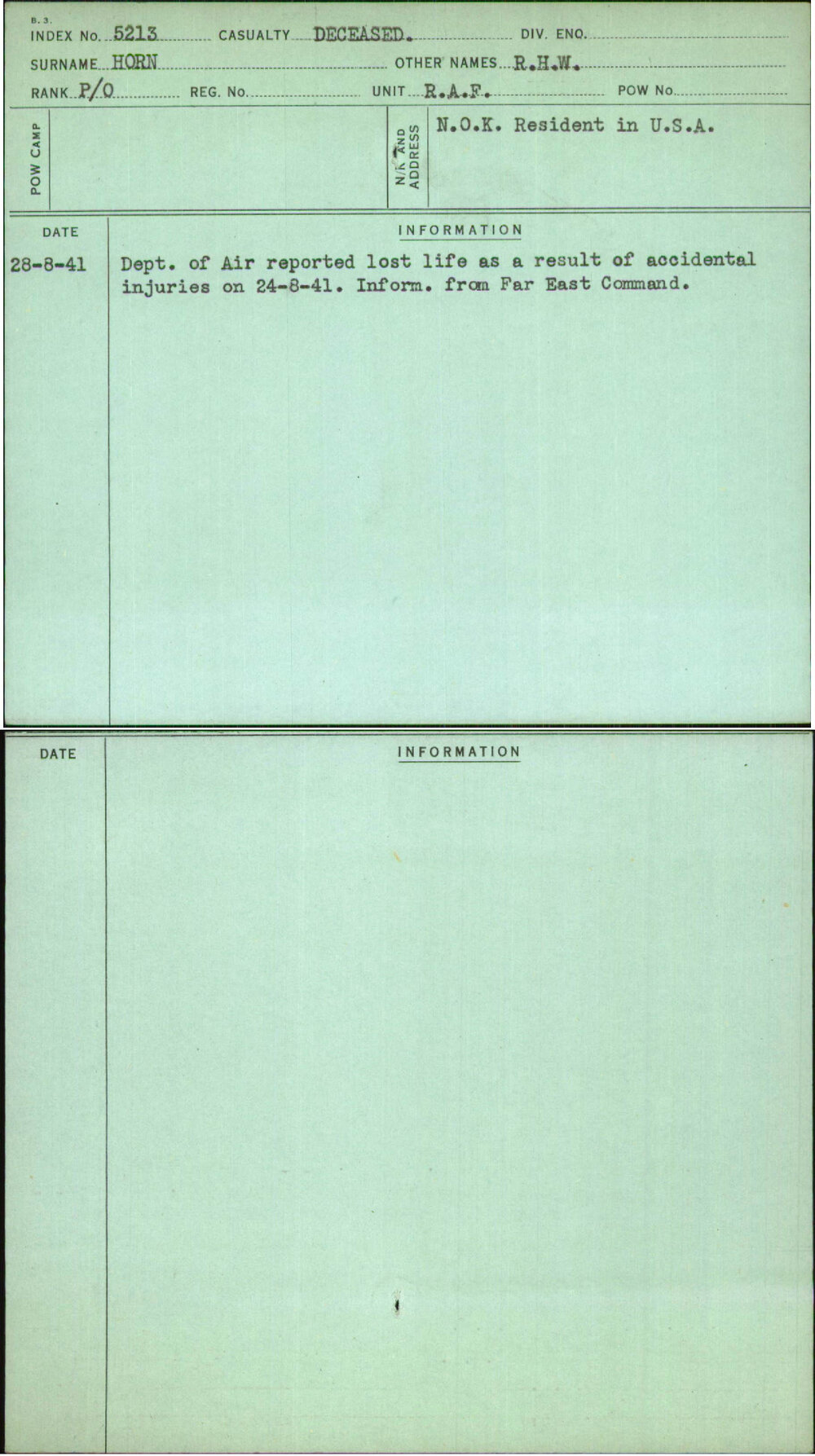 Horn, R H W, [No Service Number]