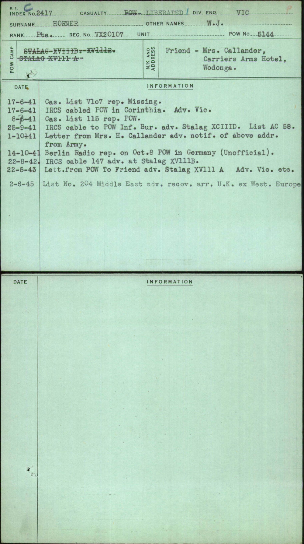 Horner, W J, VX20107