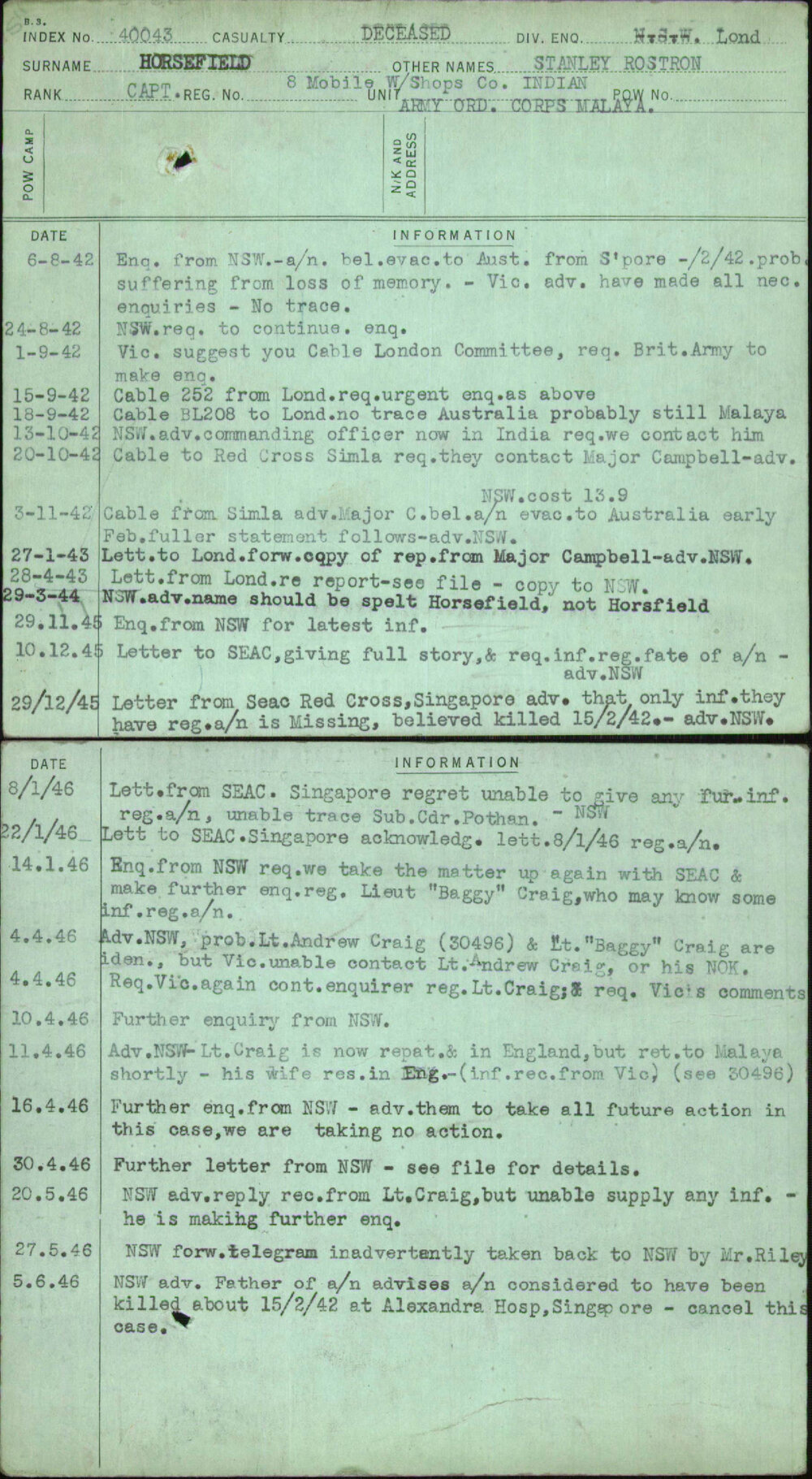 Horsefield, Stanley Rostron, [No Service Number]