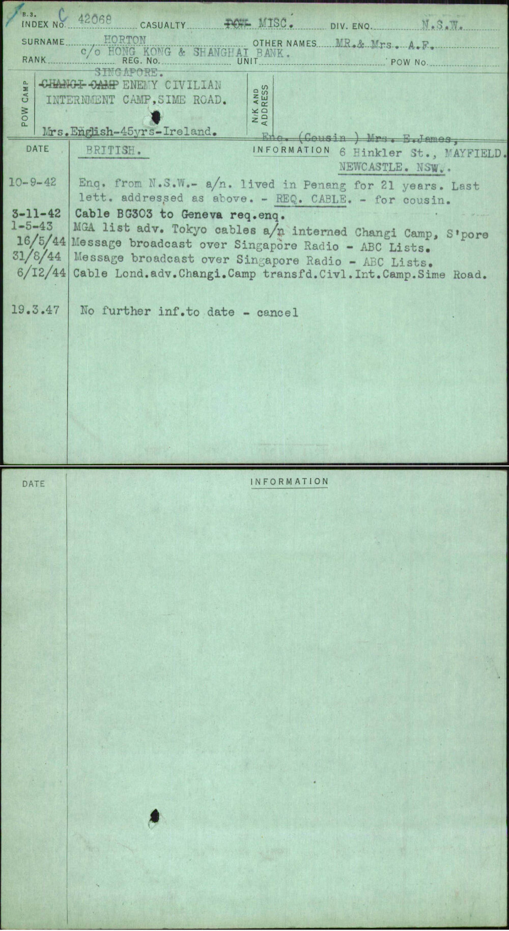 Horton, Mr &amp; Mrs A F, [No Service Number]