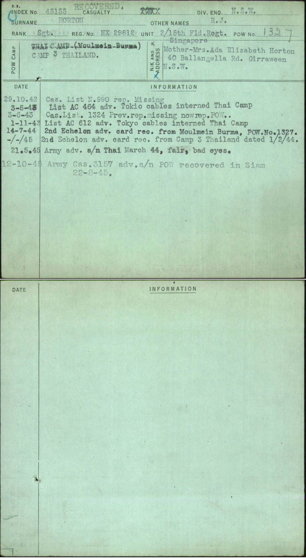 Horton, R J, NX29812