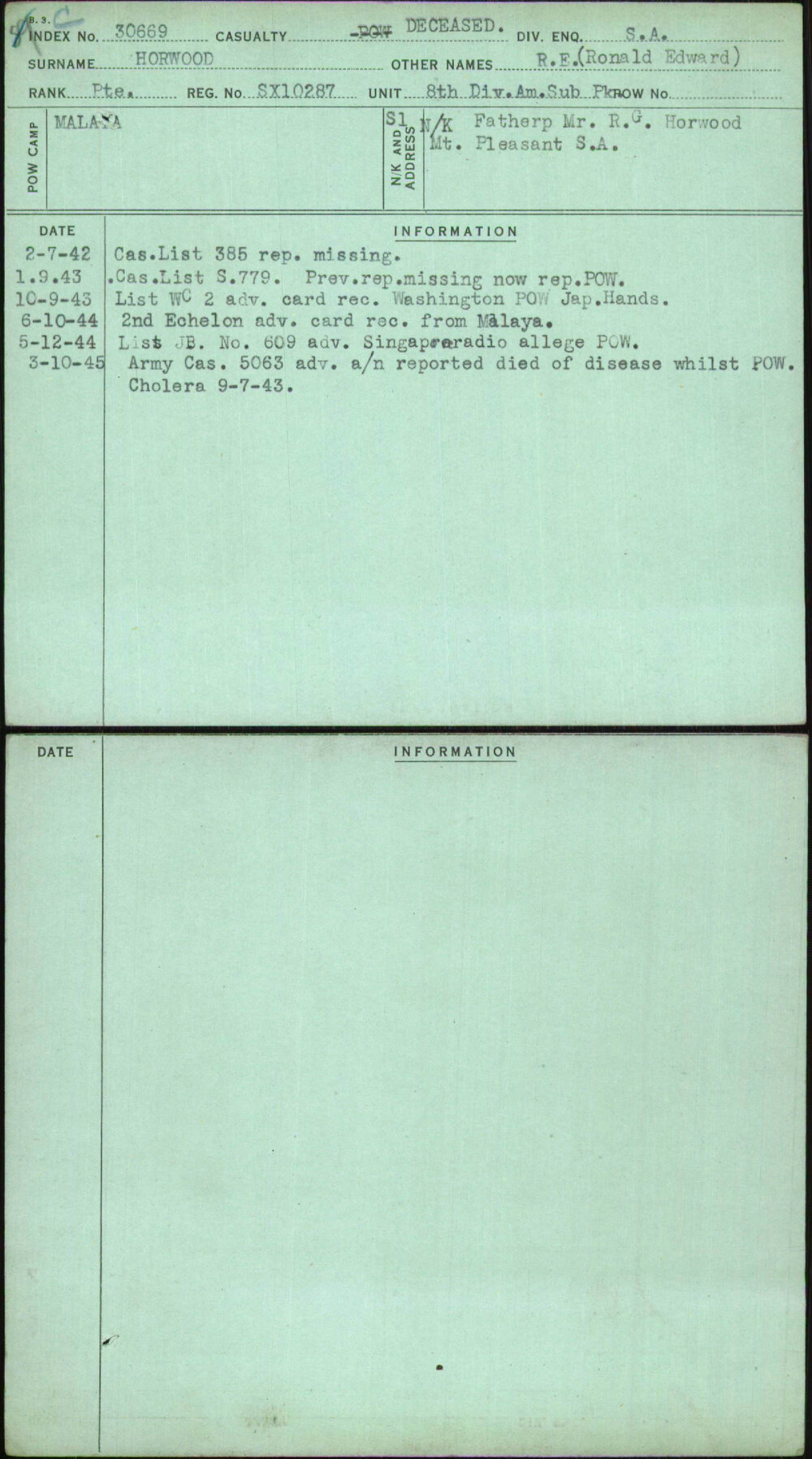 Horwood, R E (Ronald Edward), SX10287