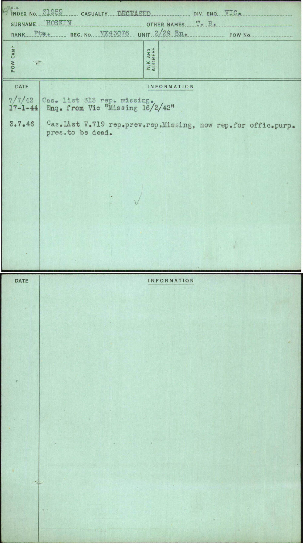 Hoskin, T B, VX43076