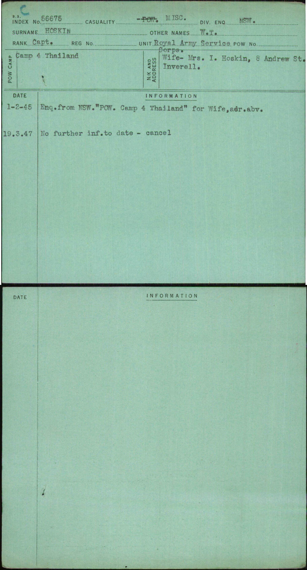 Hoskin, W T, [No Service Number]