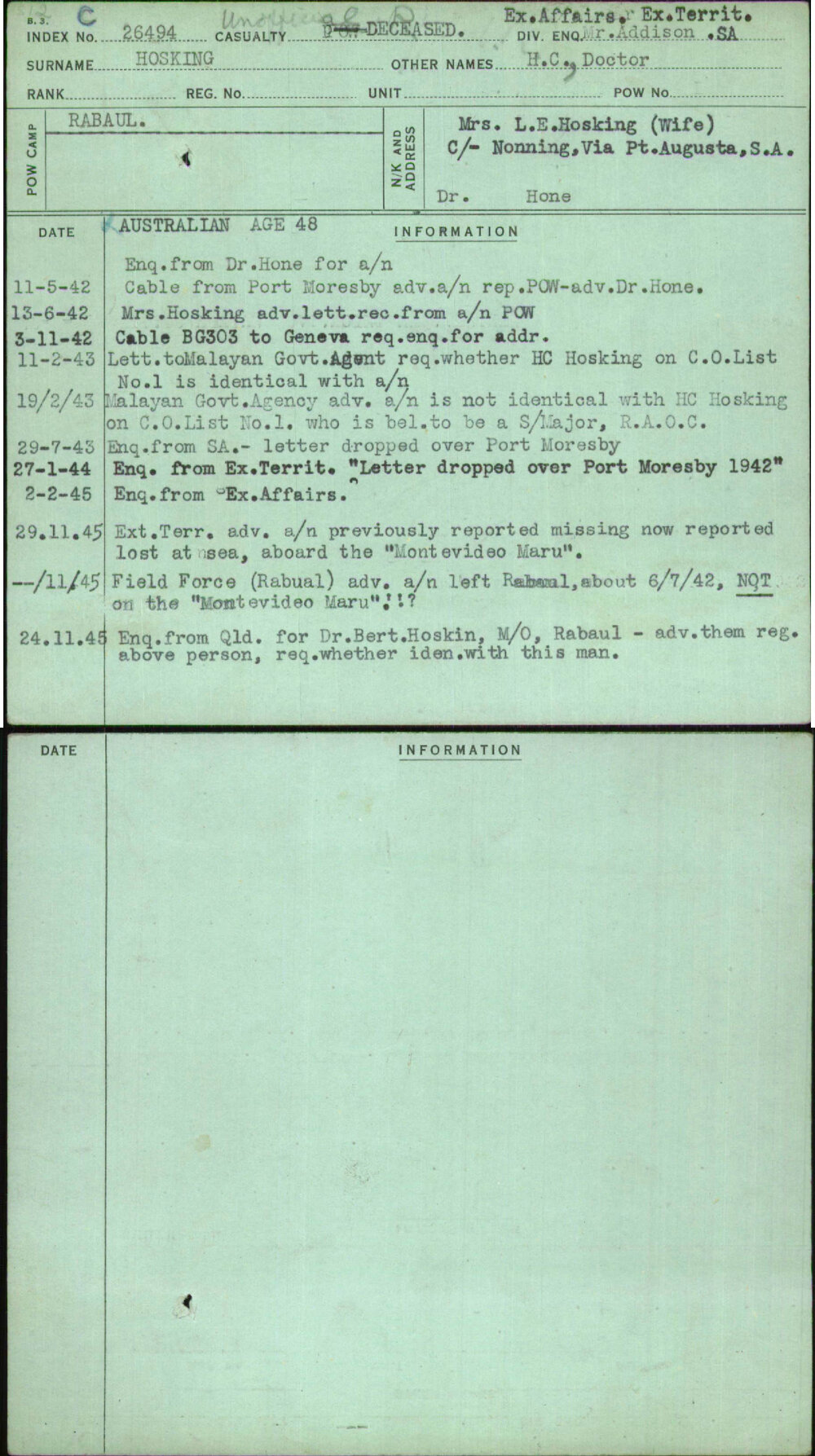 Hosking, H C Doctor, [No Service Number]