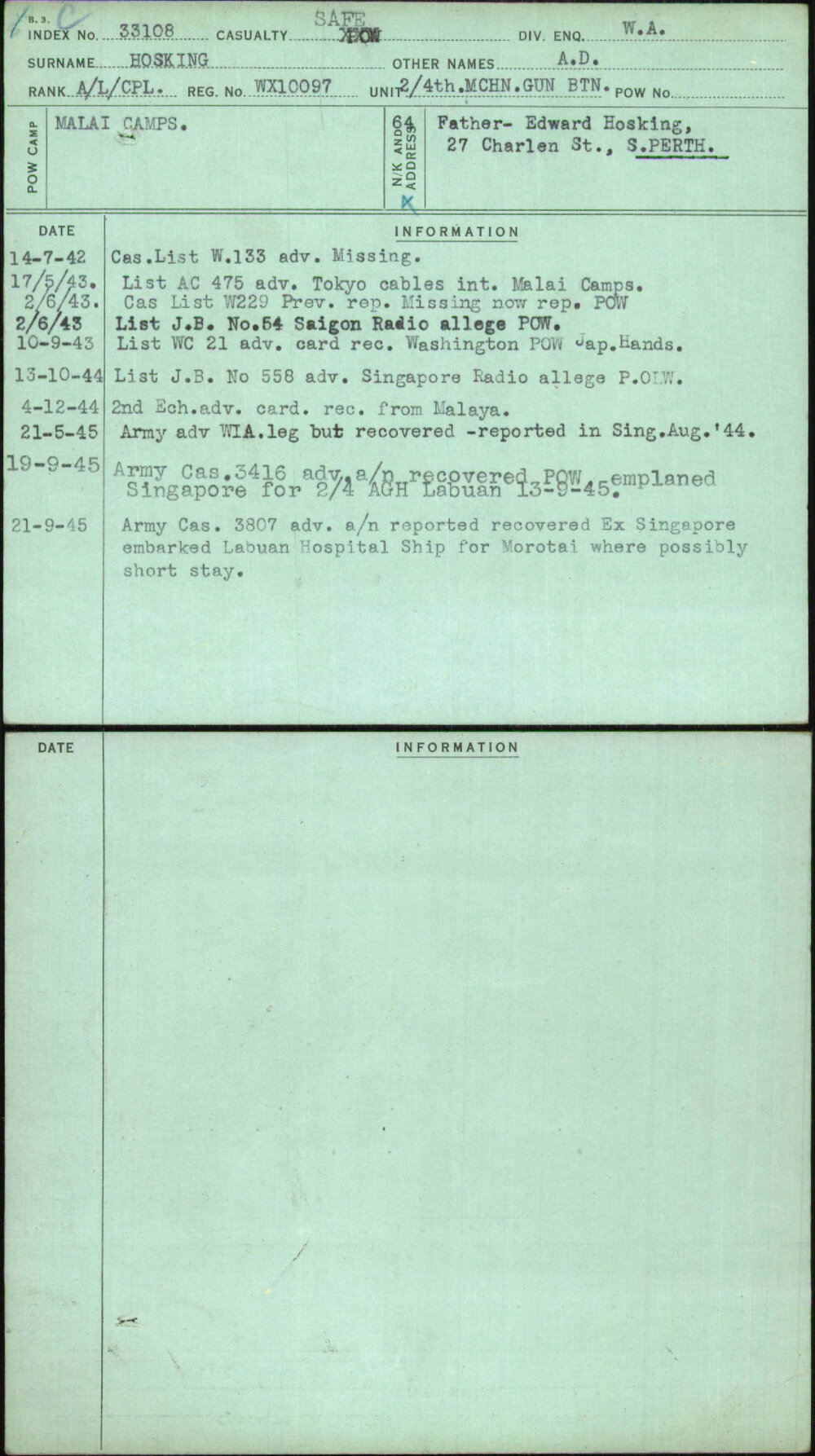 Hosking, A D, WX10097