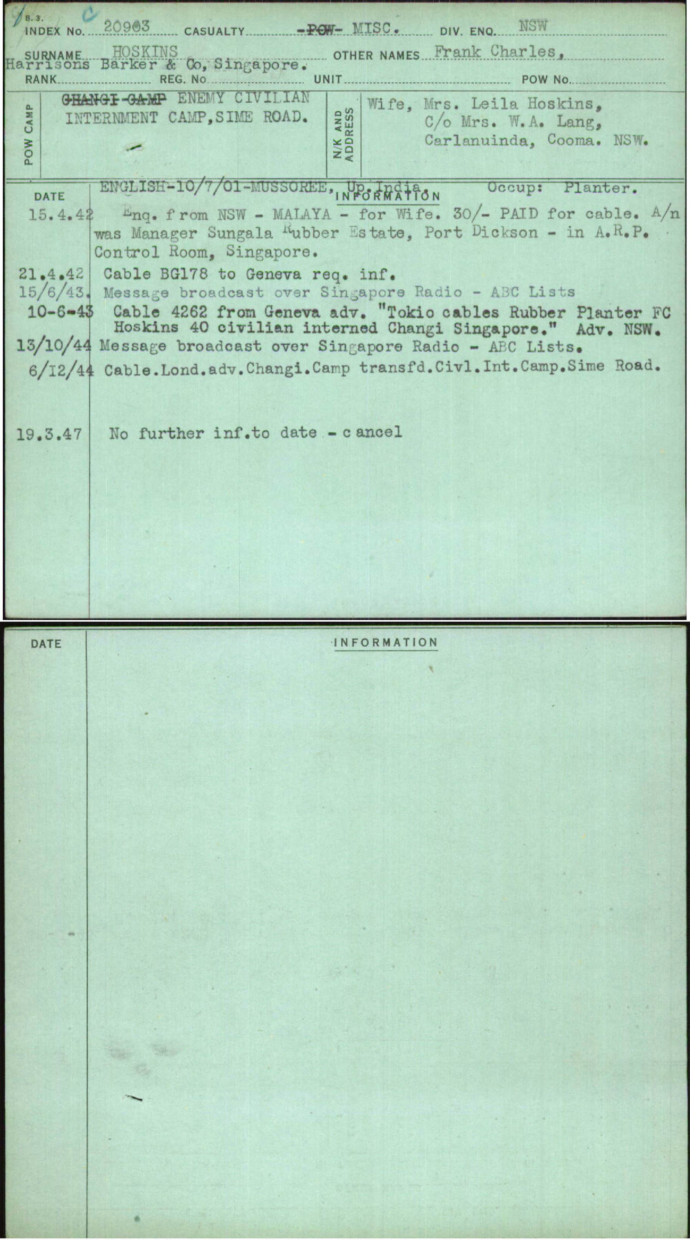 Hoskins, Frank Charles, [No Service Number]