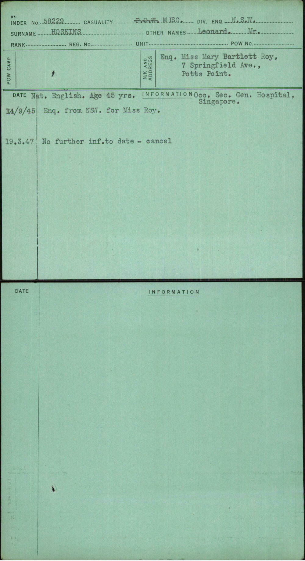 Hoskins, Leonard Mr, [No Service Number]