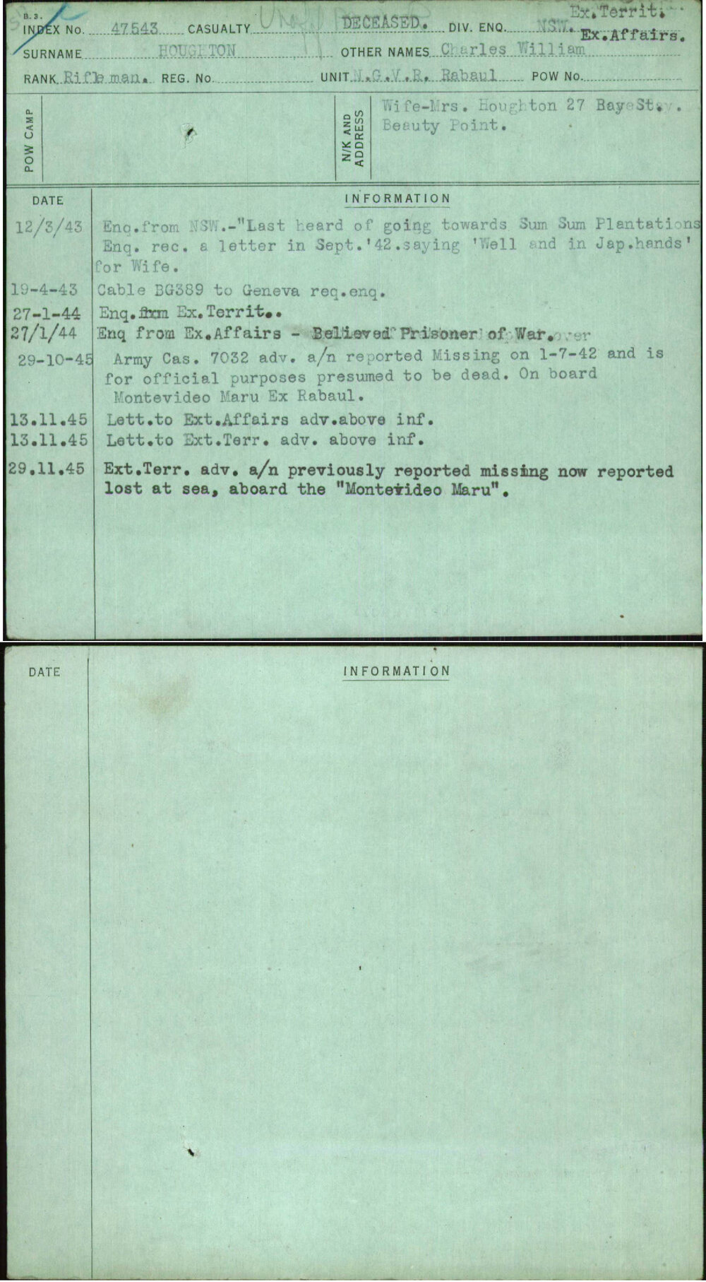 Houghton, Charles William, [No Service Number]