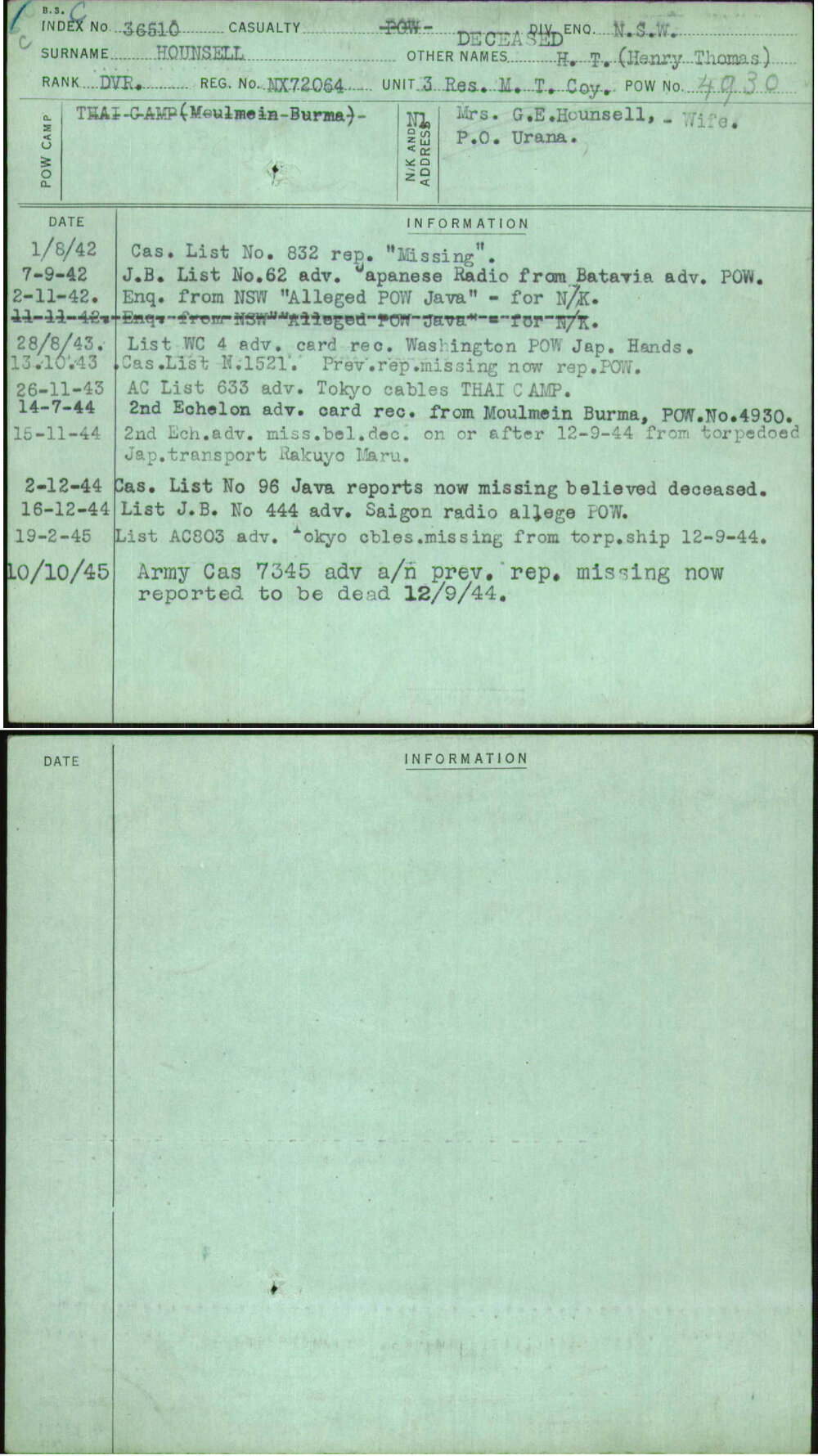 Hounsell, H T (Henry Thomas), NX72064