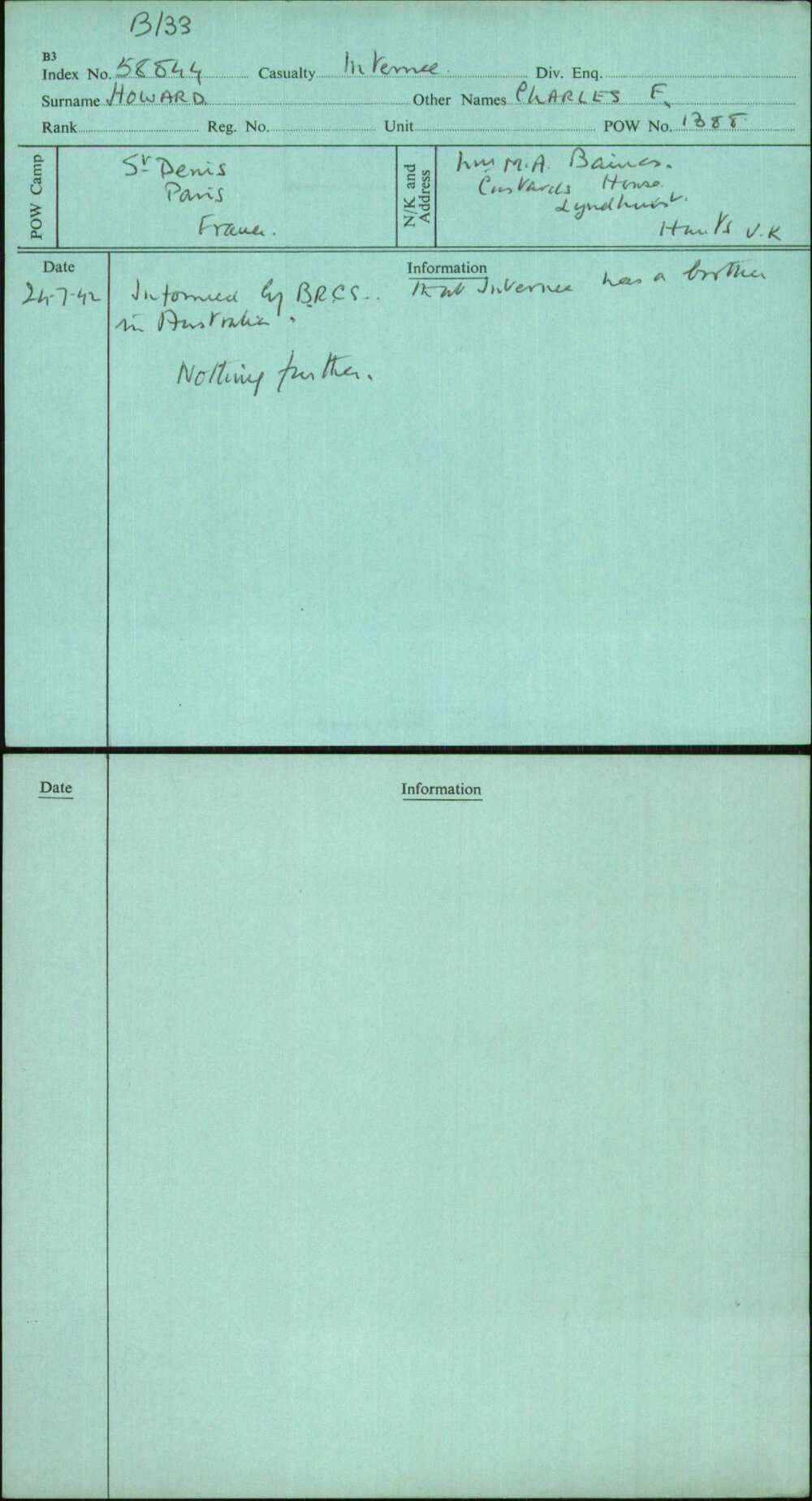 Howard, Charles F, [No Service Number]