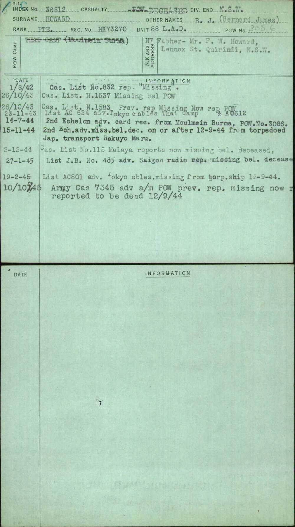 Howard, B J (Bernard James), NX73270