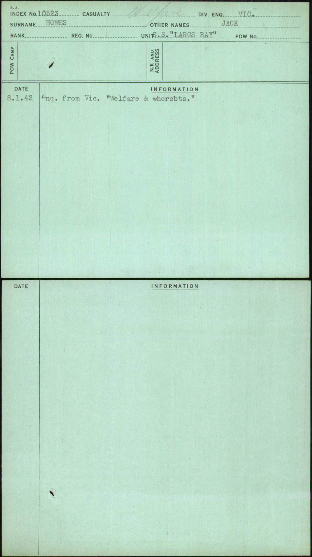 Howes, Jack, [No Service Number]