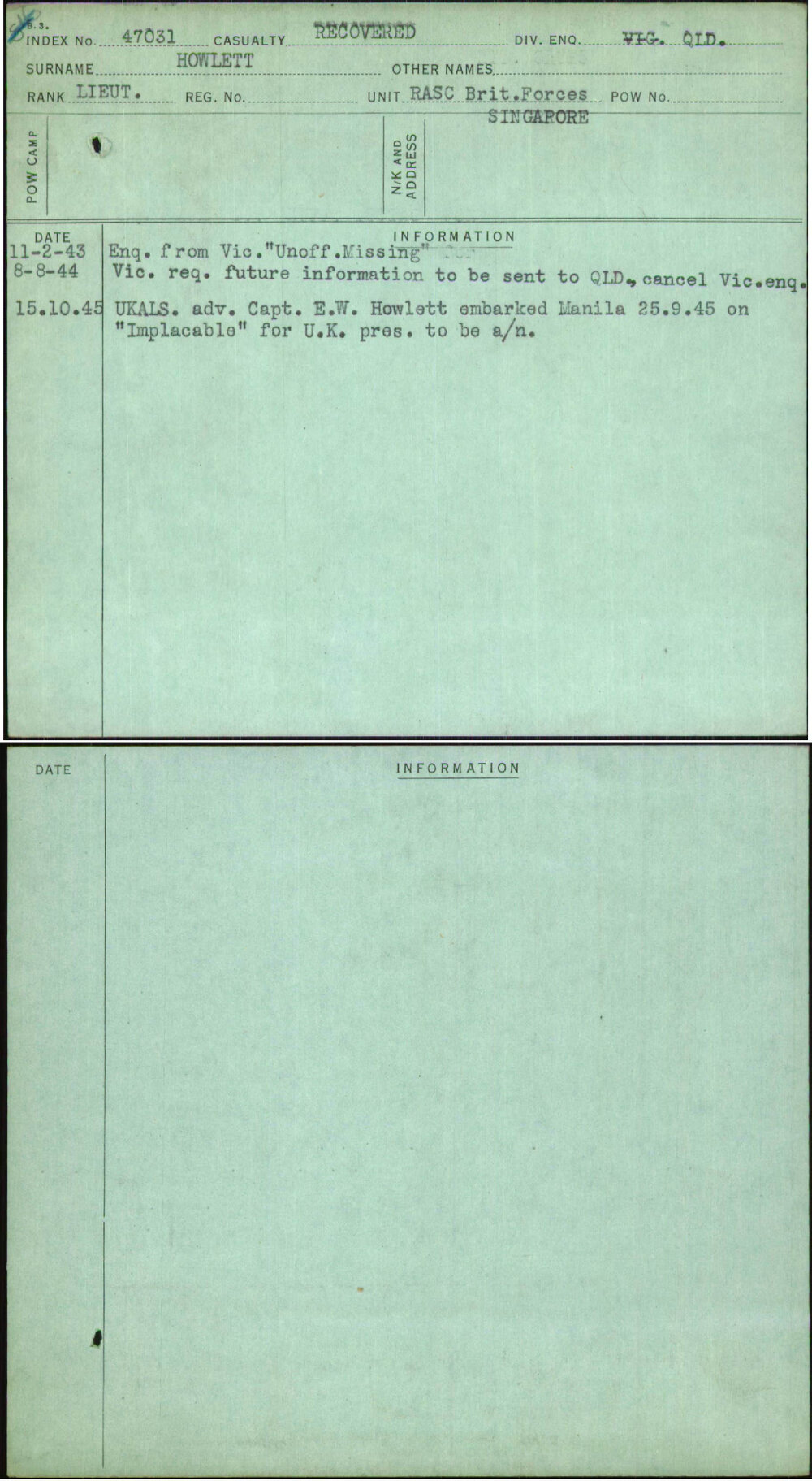 Howlett, [No Given Name], [No Service Number]