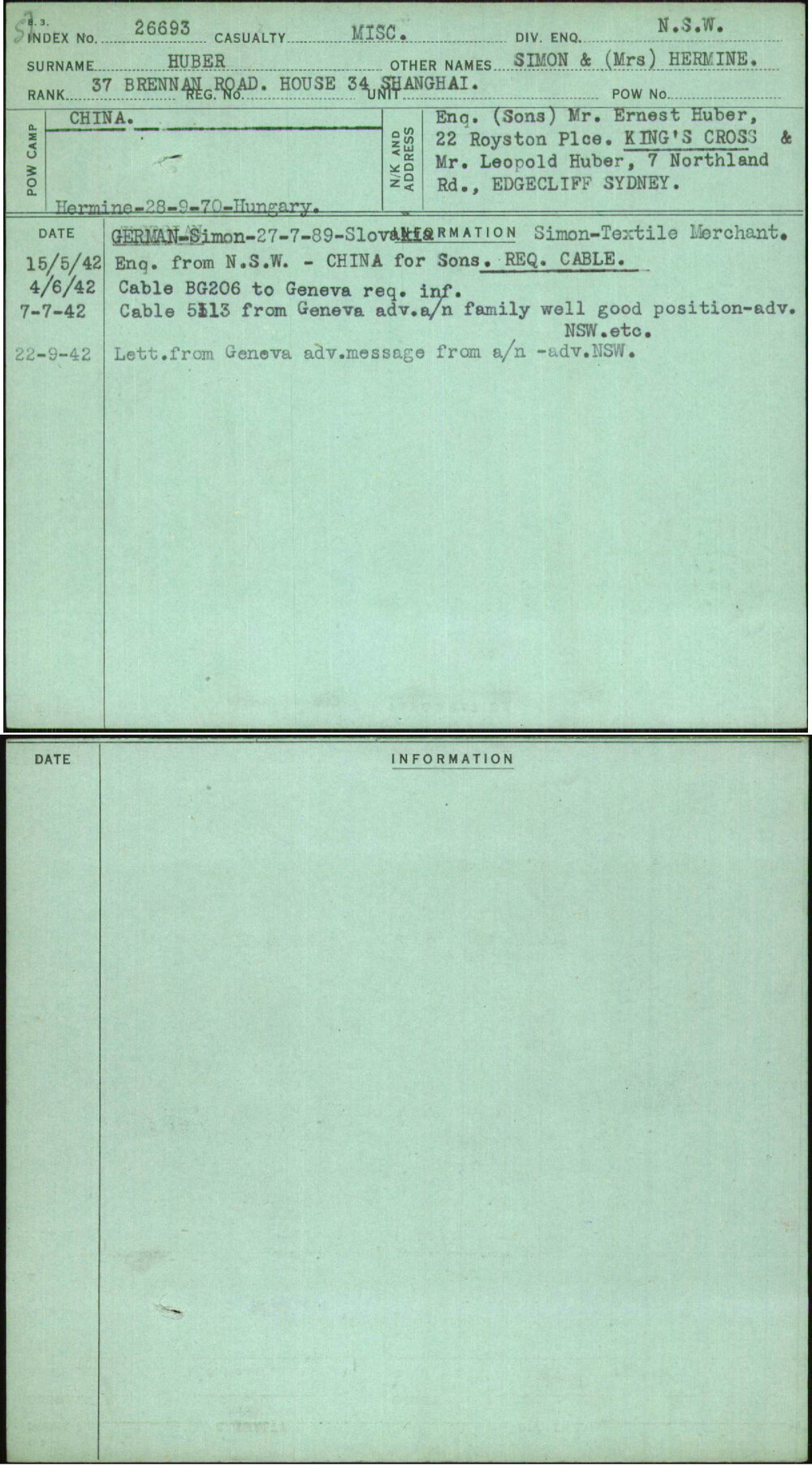 Huber, Simon &amp; (Mrs) Hermine, [No Service Number]