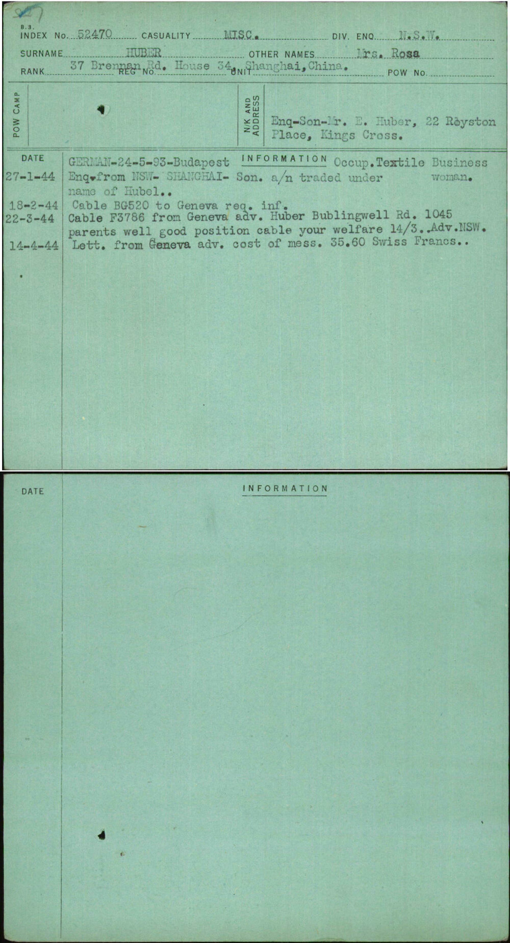 Huber, Mrs Rosa, [No Service Number]