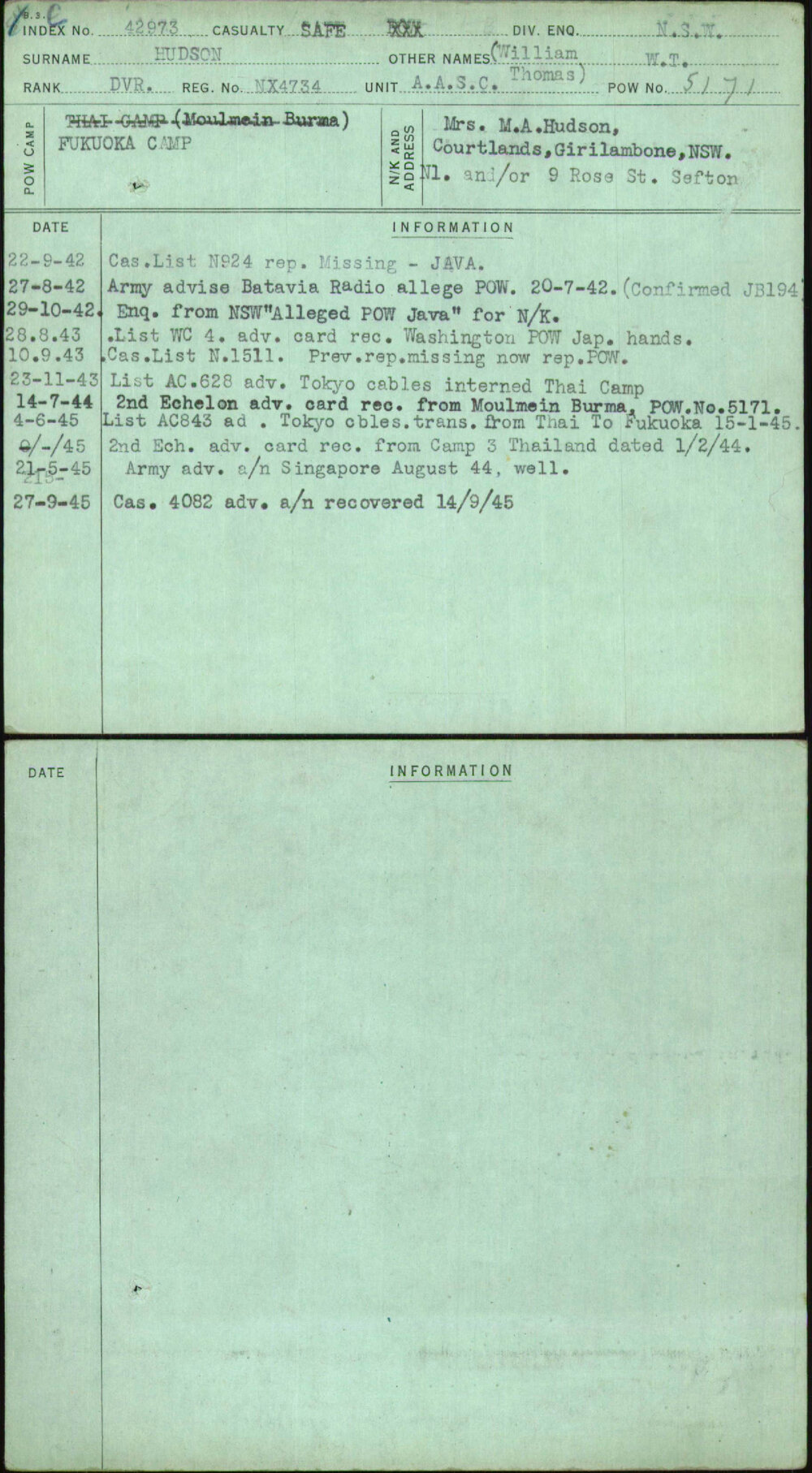 Hudson, (William Thomas) W T, NX4734