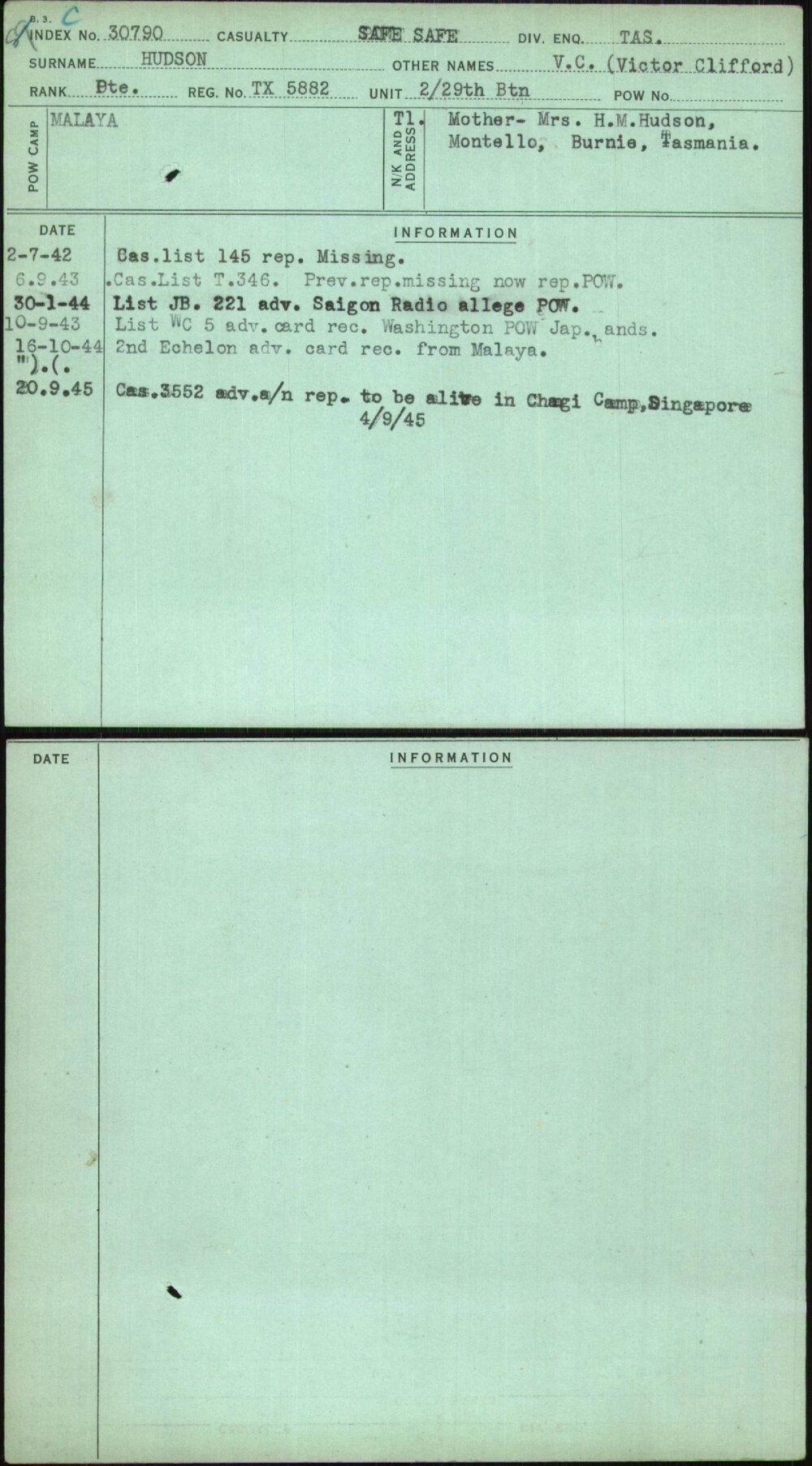 Hudson, V C (Victor Clifford), TX5882