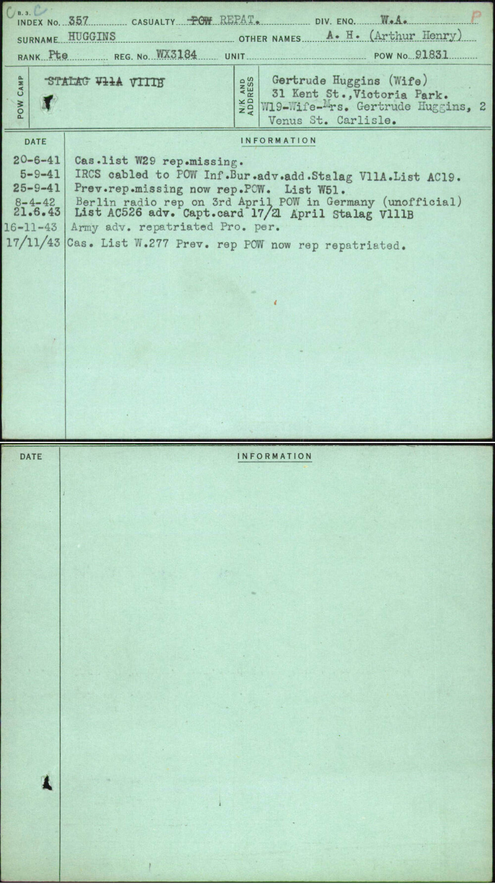 Huggins, A H (Arthur Henry), WX3184