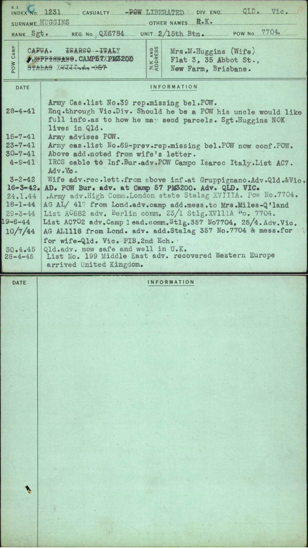 Huggins, R K, QX6784