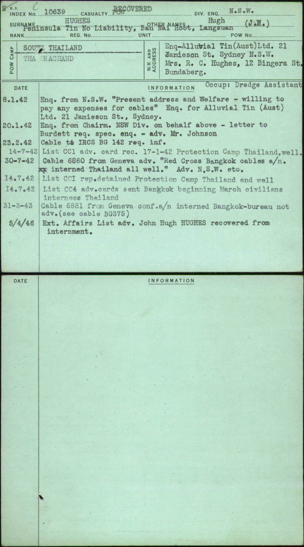 Hughes, Hugh (J H), [No Service Number]