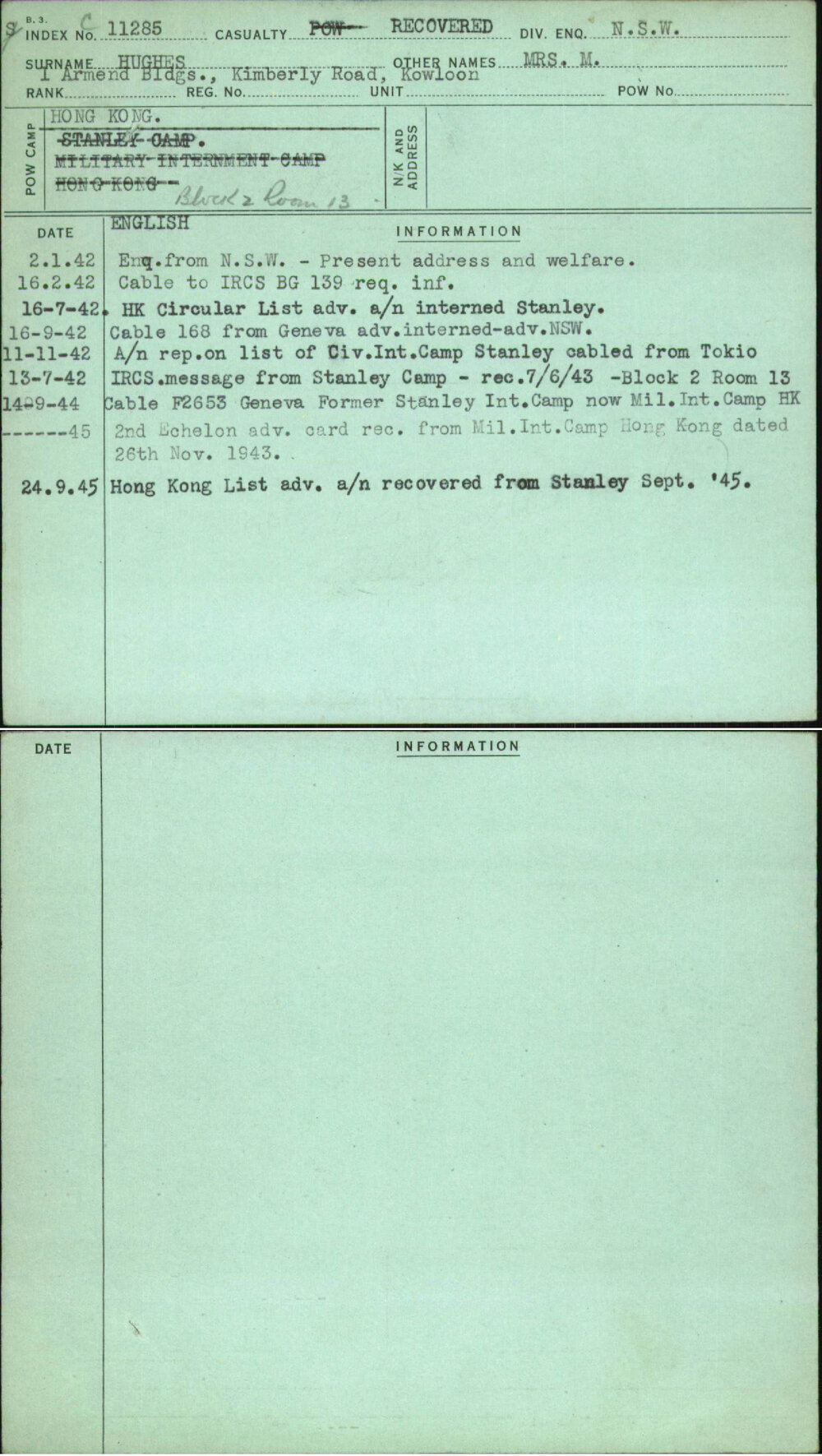 Hughes, Mrs M, [No Service Number]