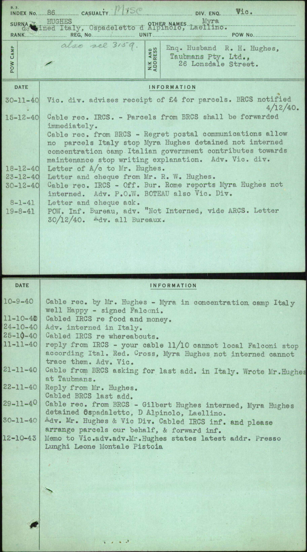 Hughes, Myra, [No Service Number]