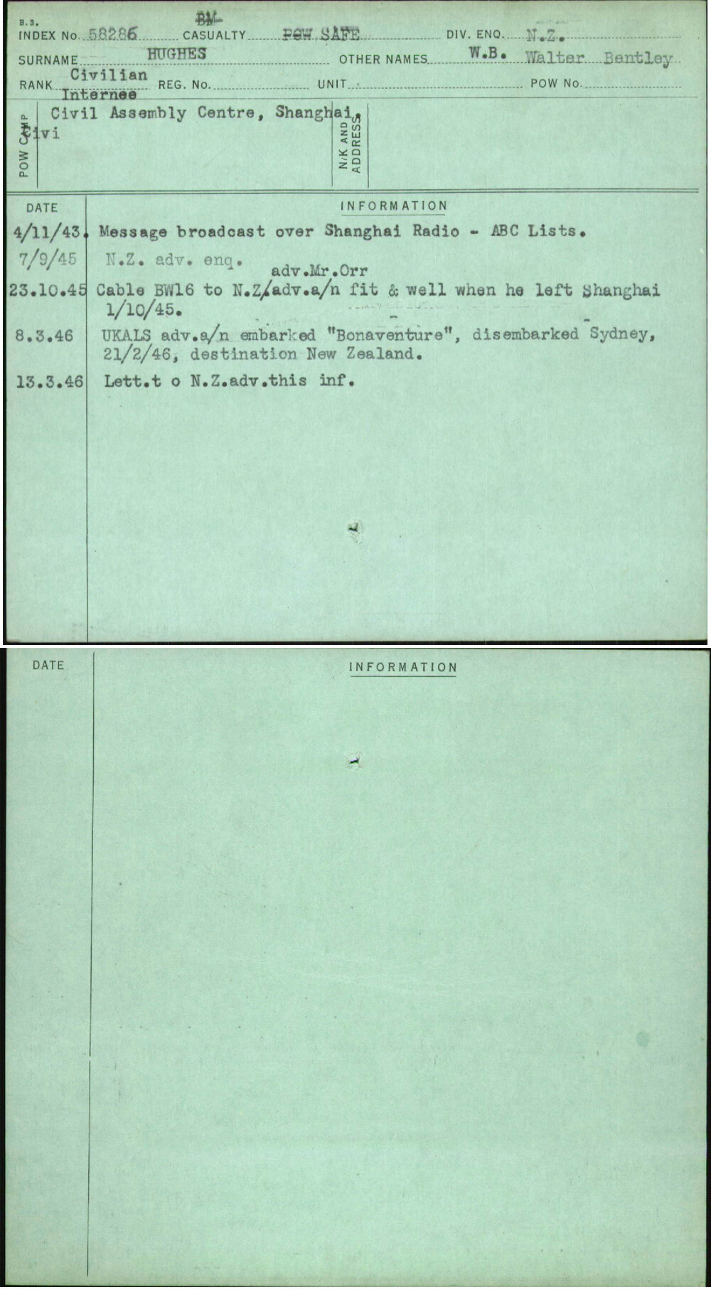 Hughes, W B Walter Bentley, [No Service Number]