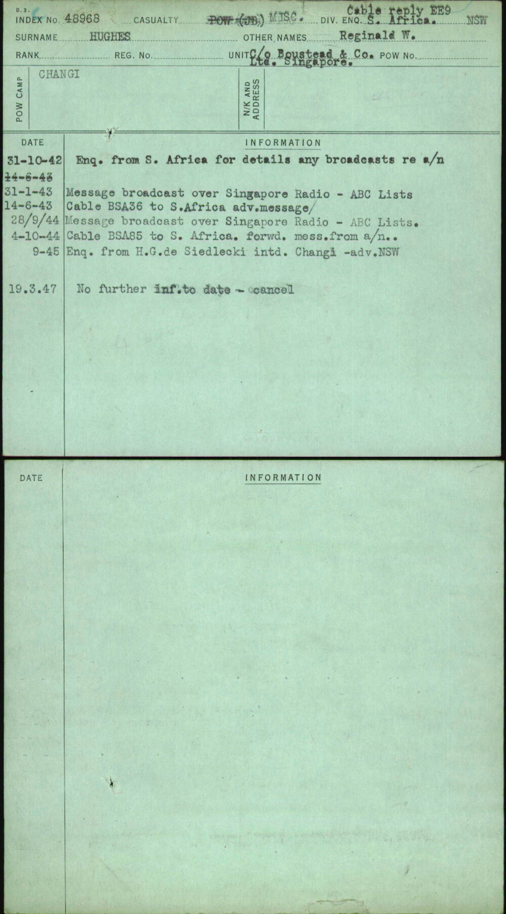 Hughes, Reginald W, [No Service Number]