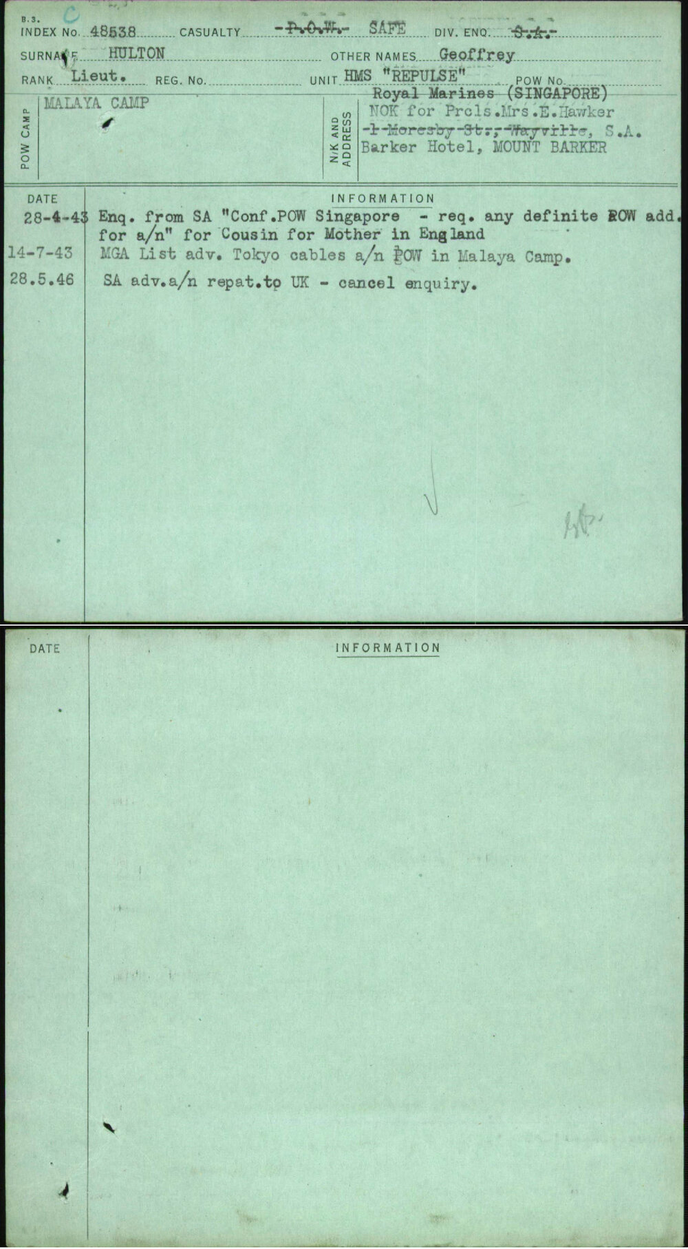 Hulton, Geoffrey, [No Service Number]