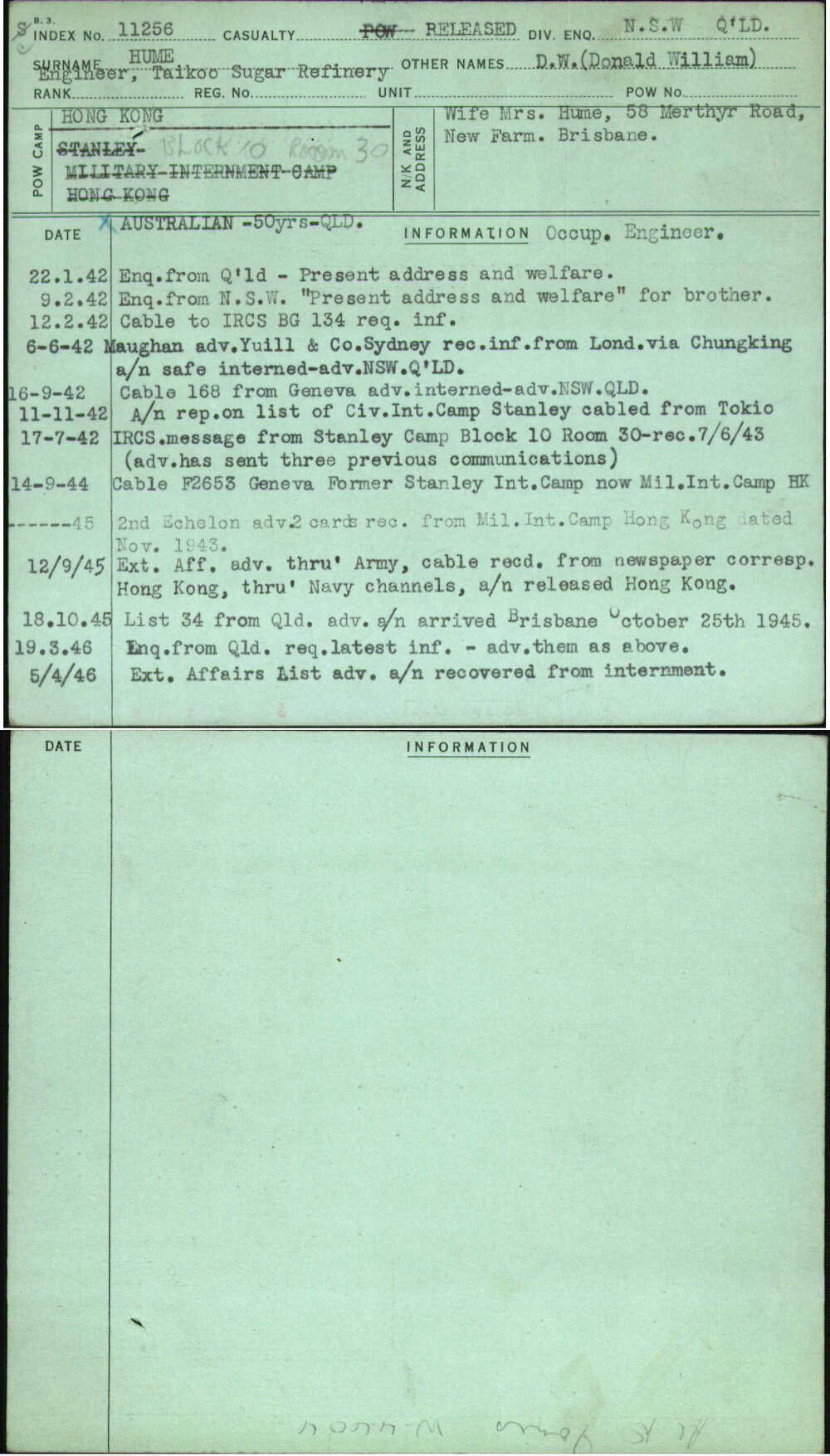 Hume, D W (Donald William), [No Service Number]