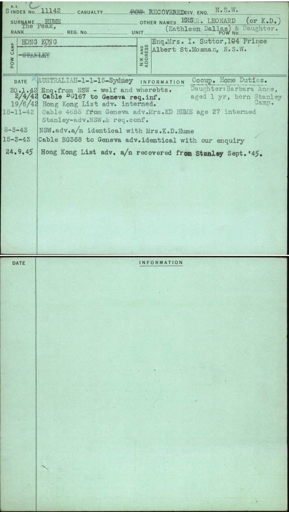 Hume, Mrs Leonard (Or K D), [No Service Number]