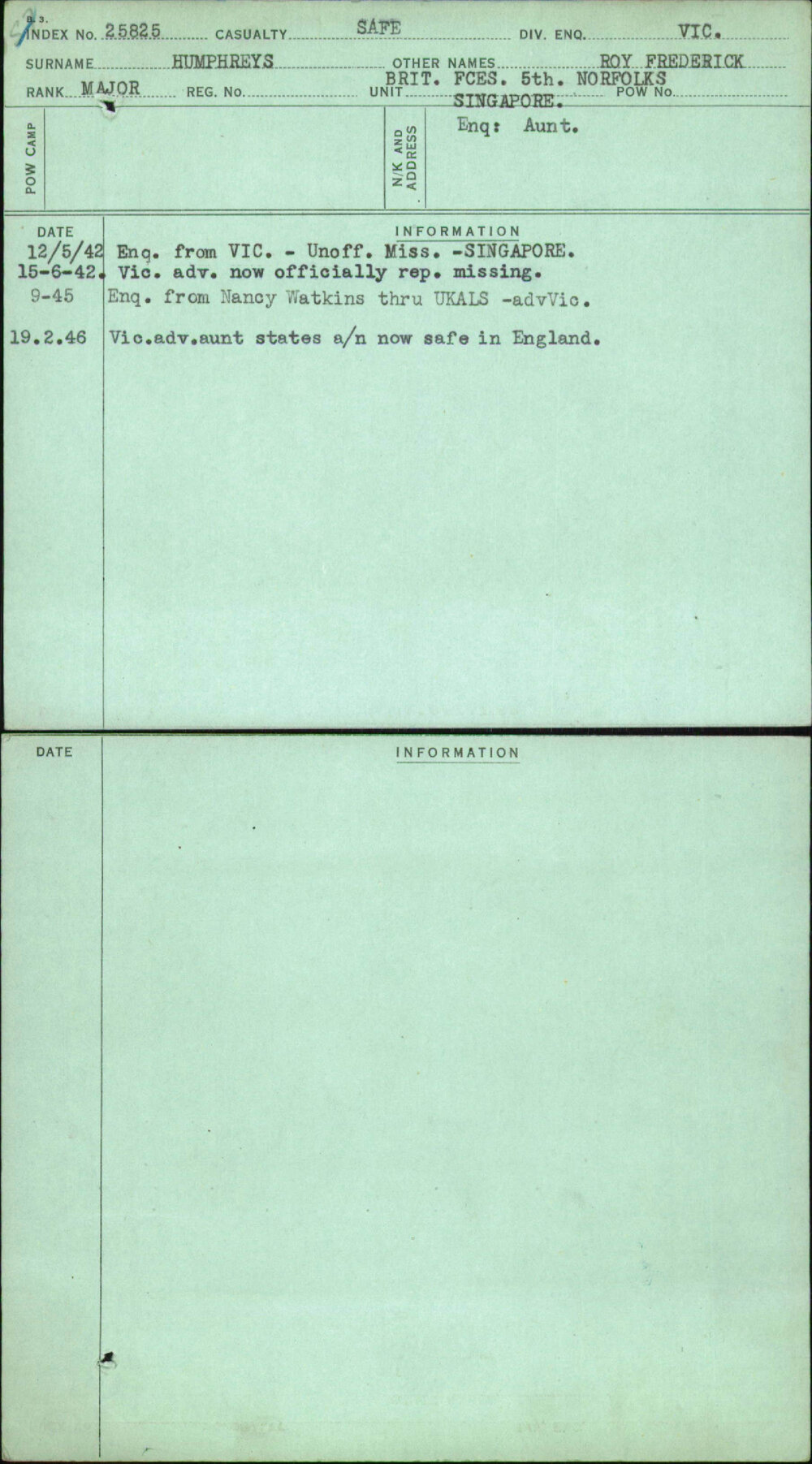 Humphreys, Roy Frederick, [No Service Number]