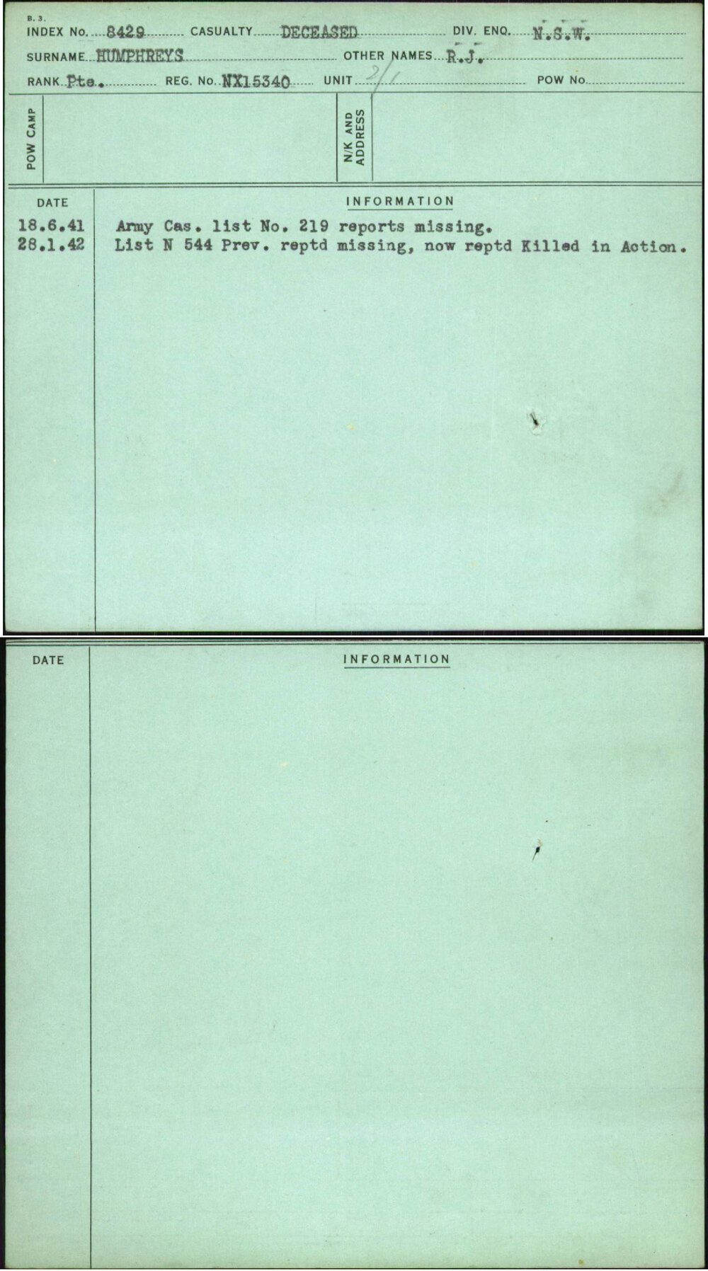 Humphreys, R J, NX15340