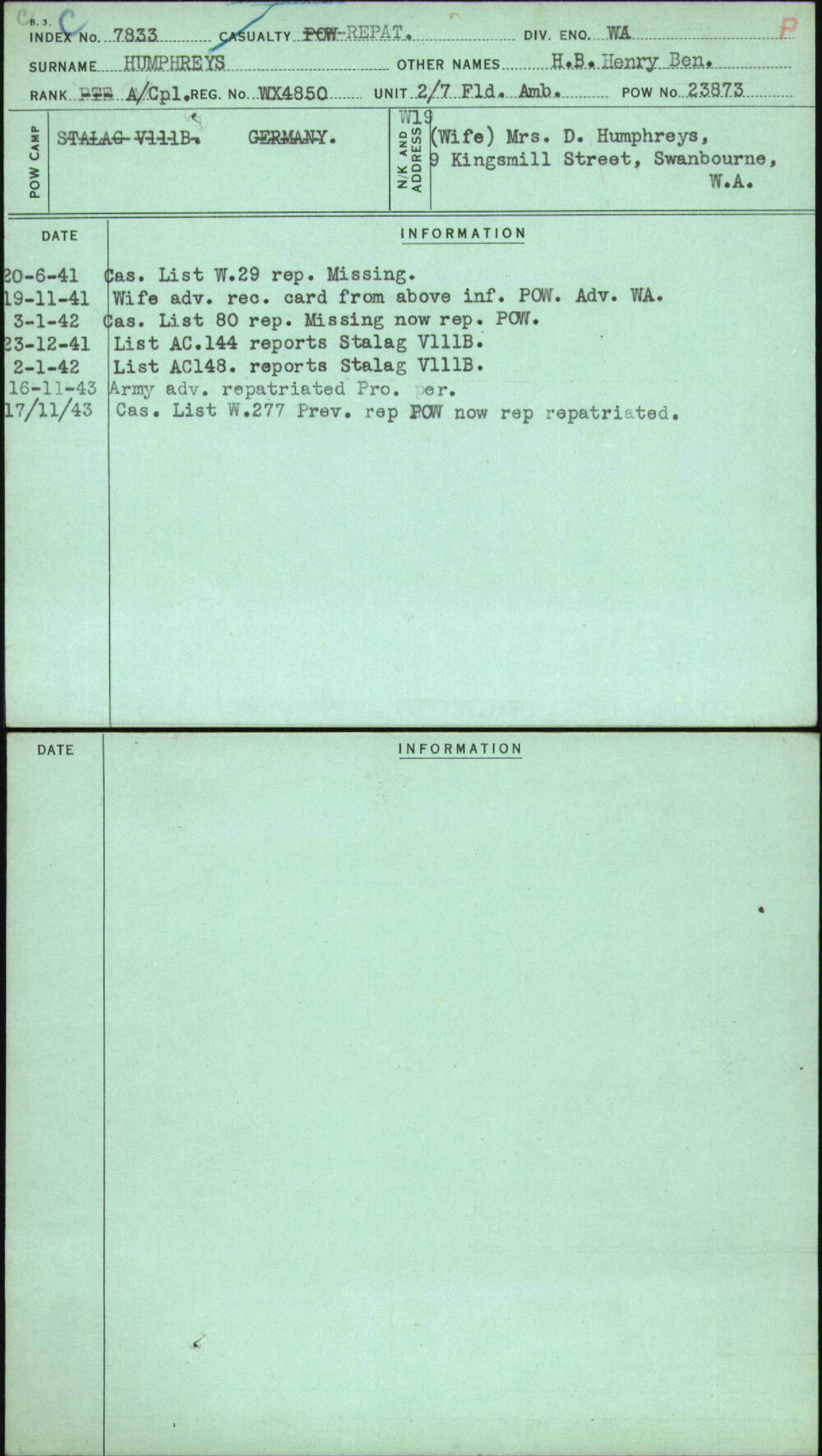 Humphreys, H B Henry Ben, WX4850