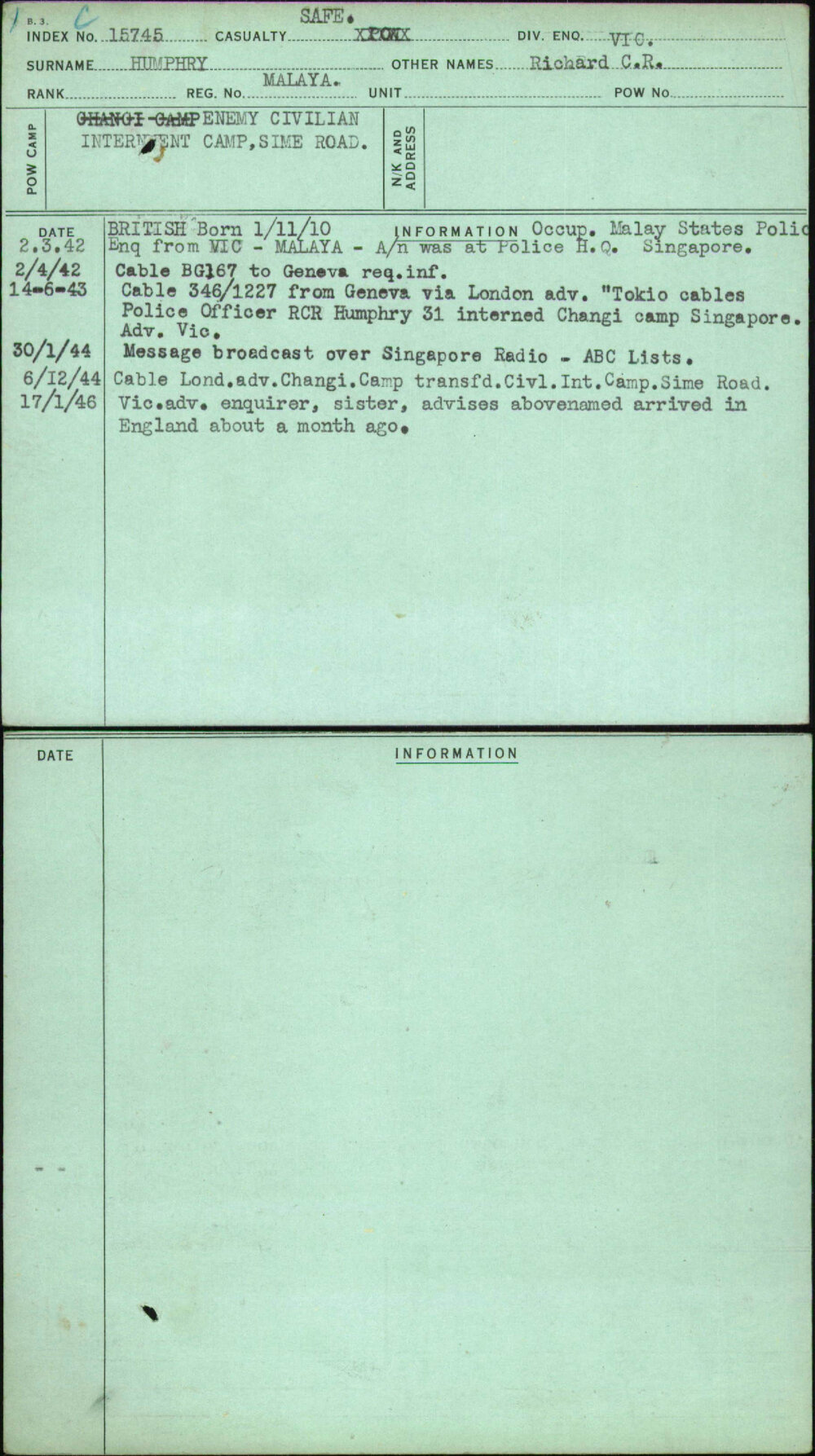 Humphry, Richard C R, Malaya