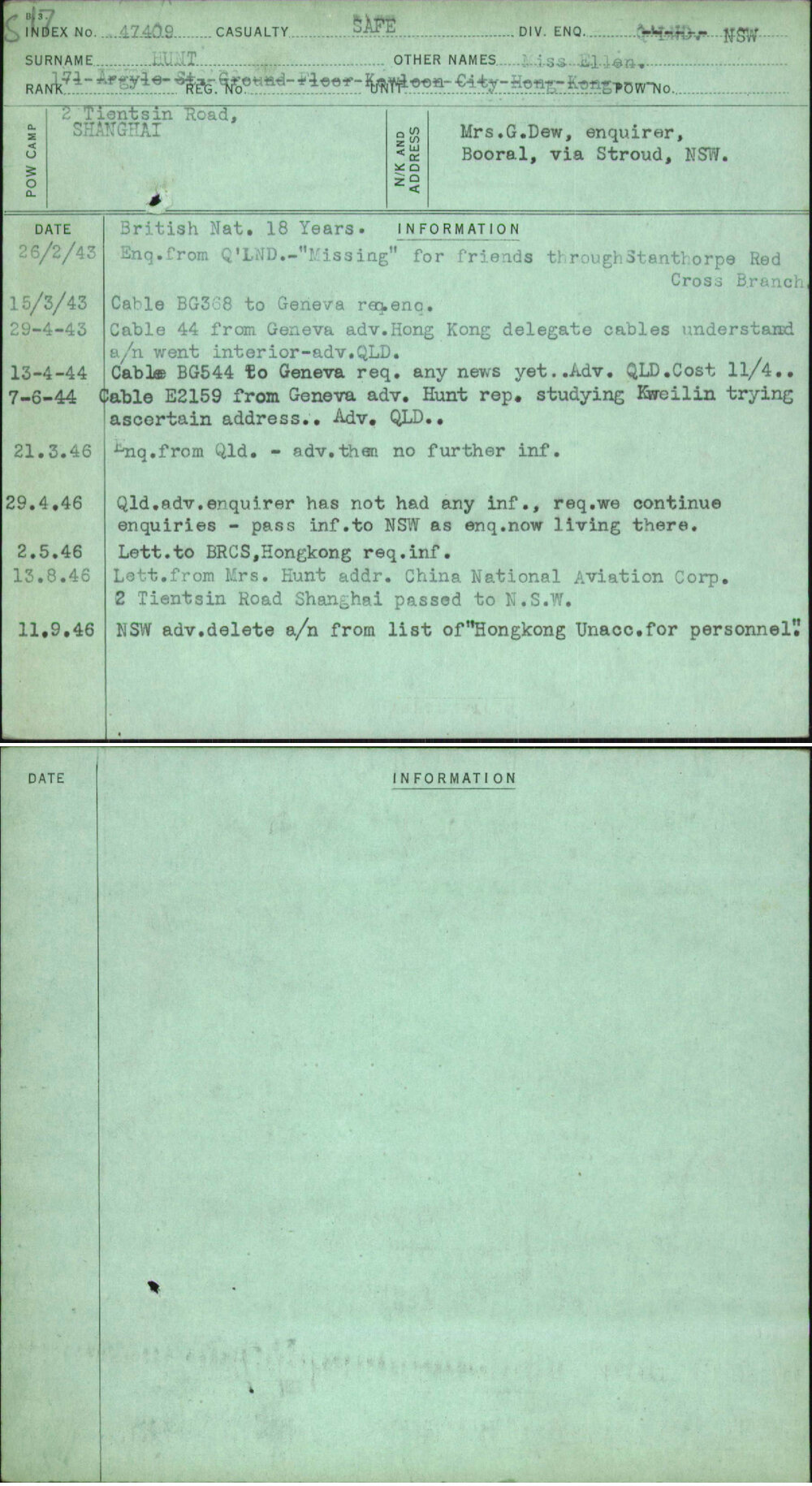 Hunt, Miss Ellen, [No Service Number]