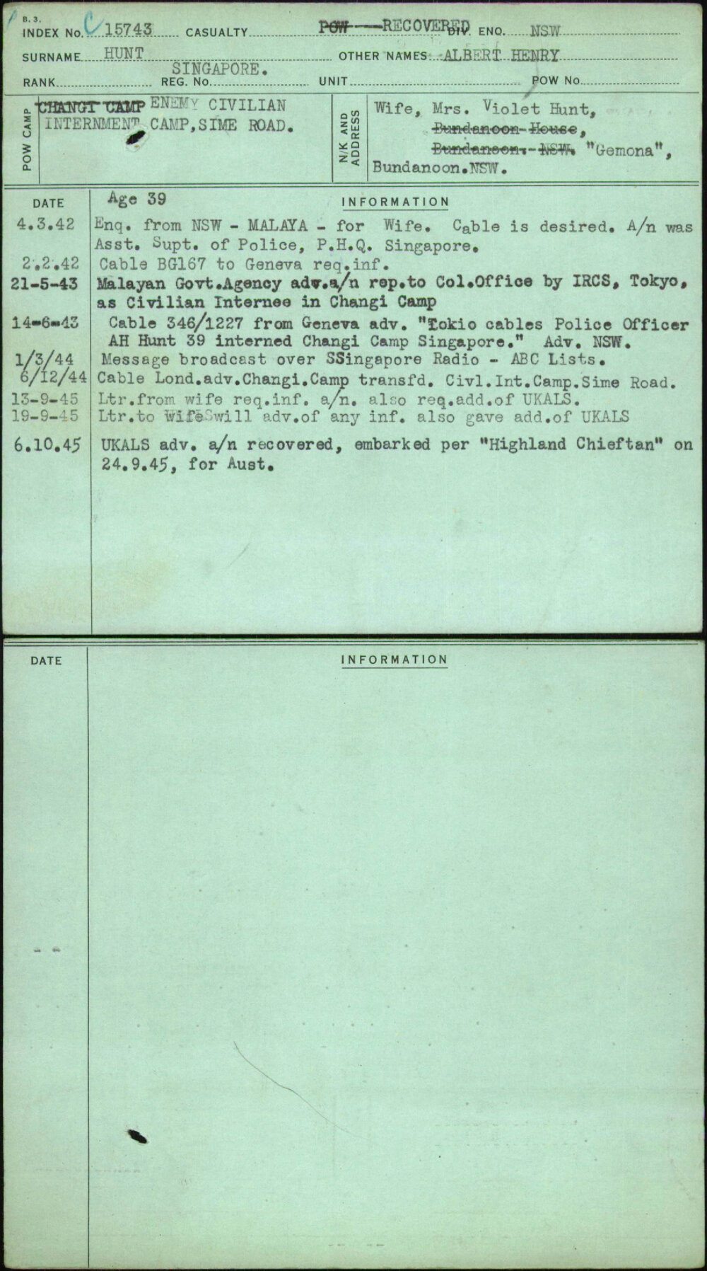 Hunt, Albert Henry, Singapore