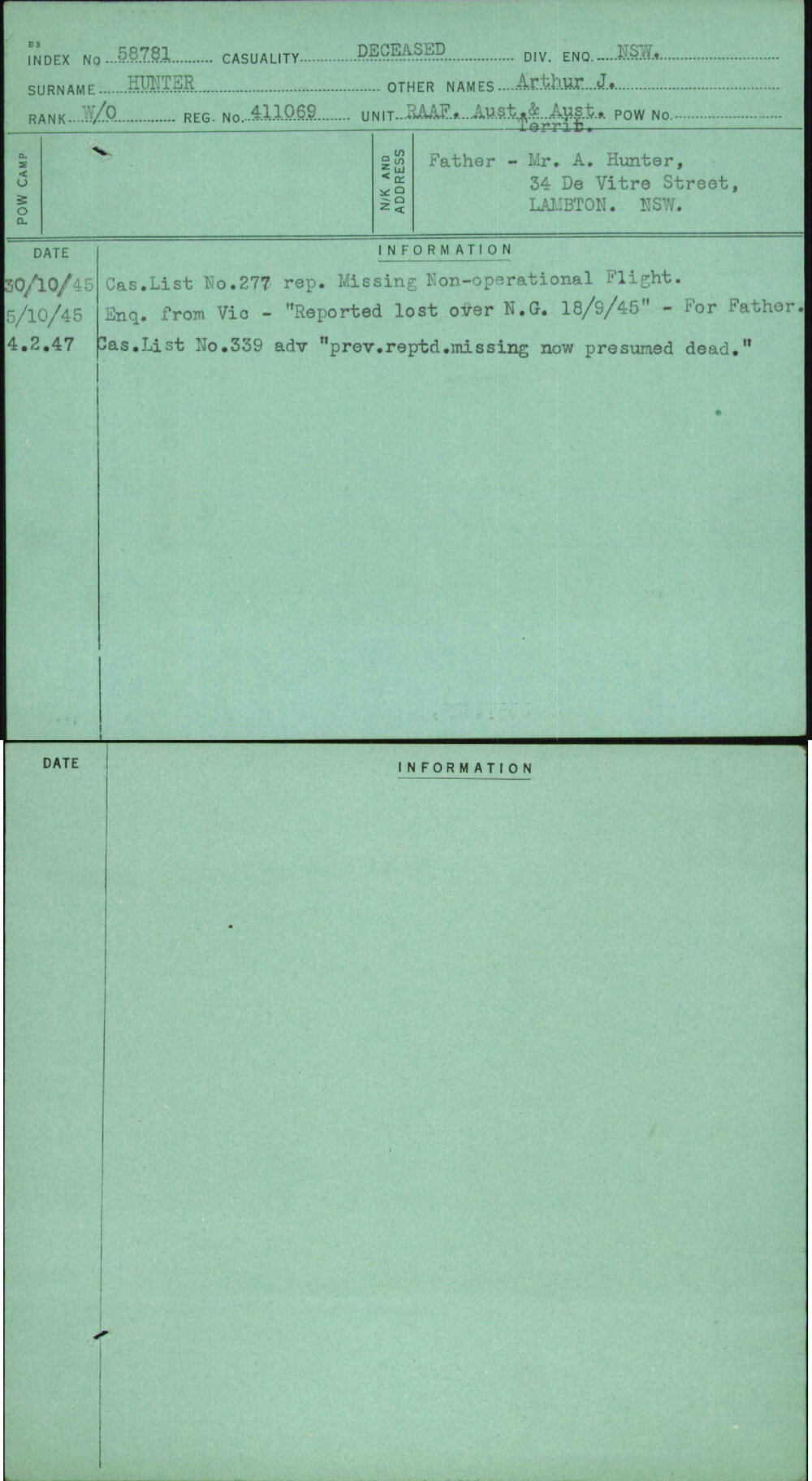 Hunter, Arthur J, 411069