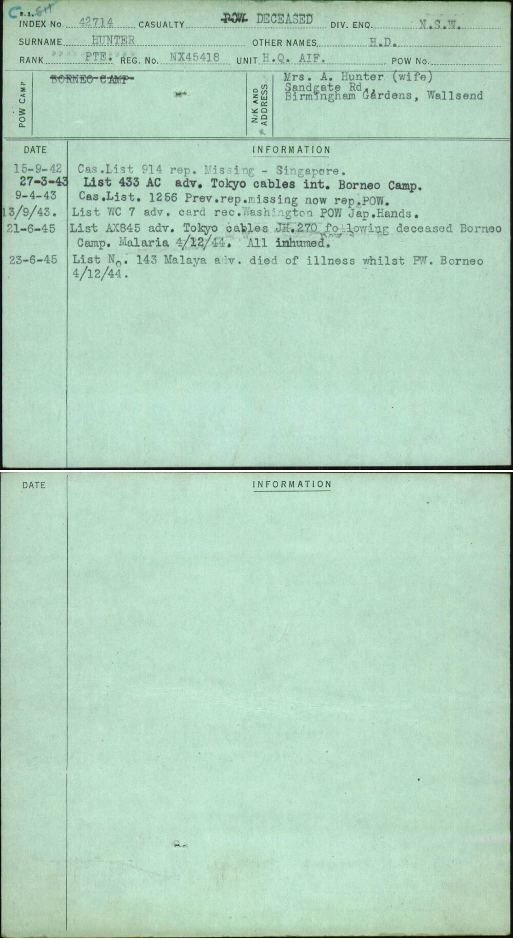 Hunter, H D, NX45418