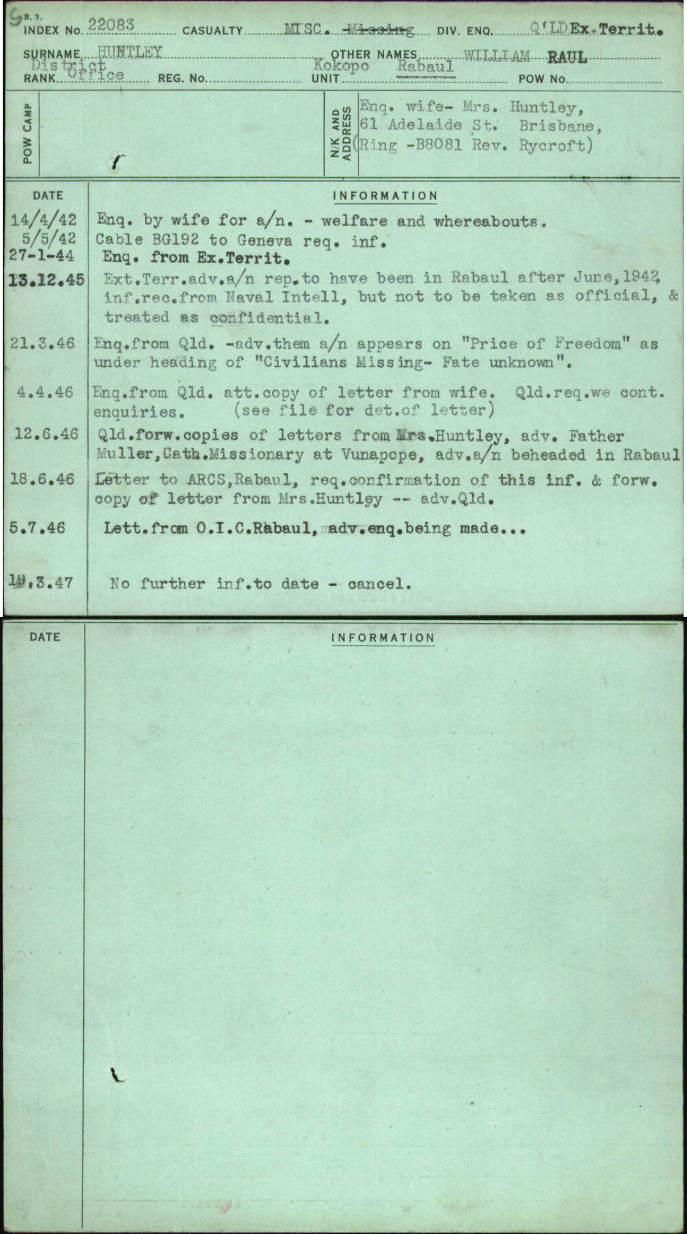 Huntley, William Raul, [No Service Number]