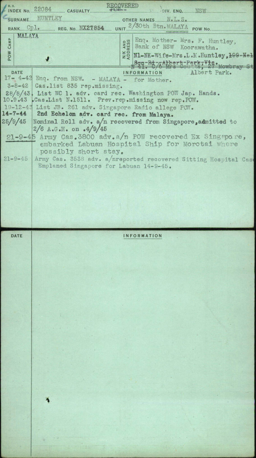 Huntley, N L S, NX27854