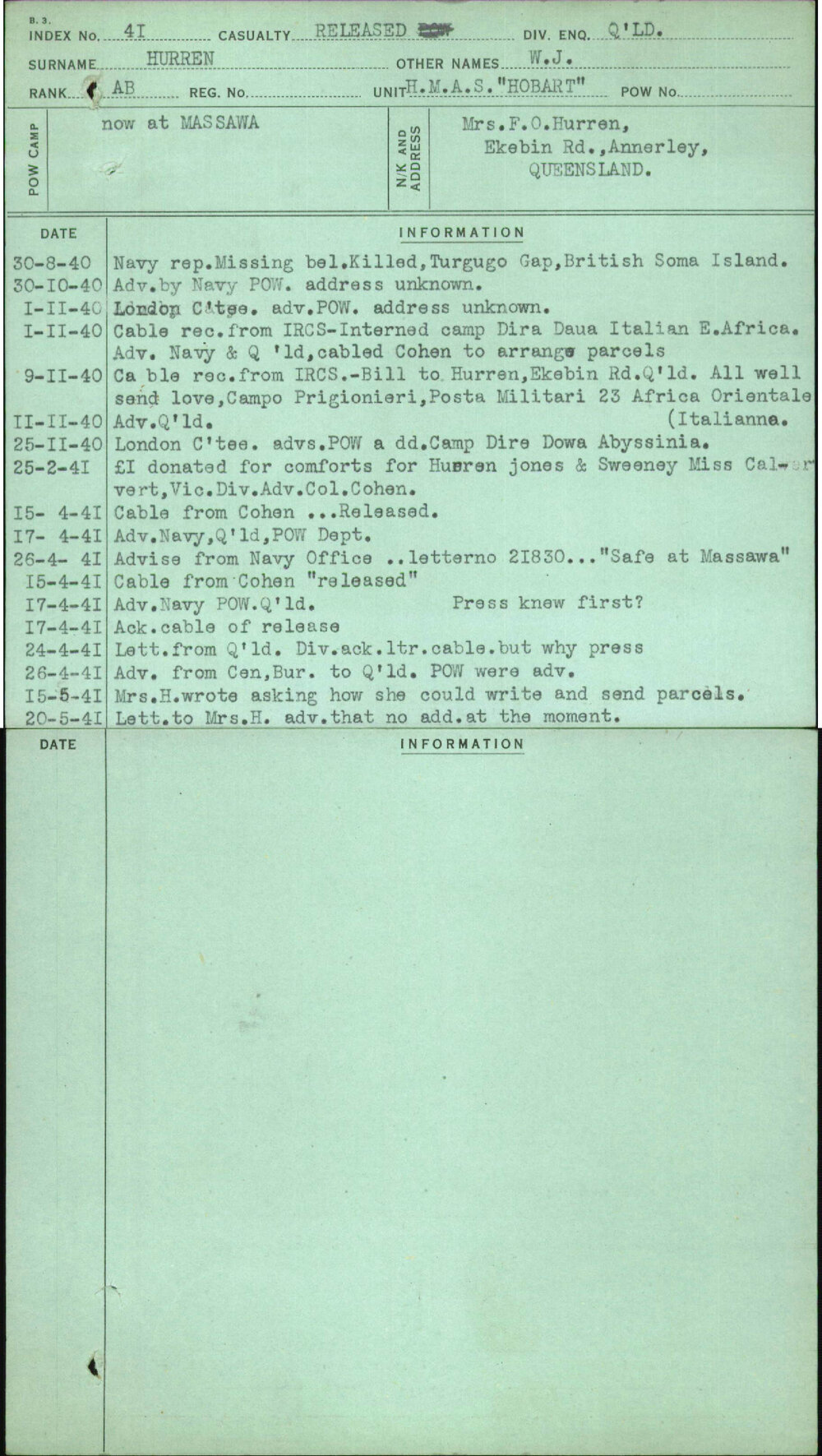 Hurren, W J, [No Service Number]